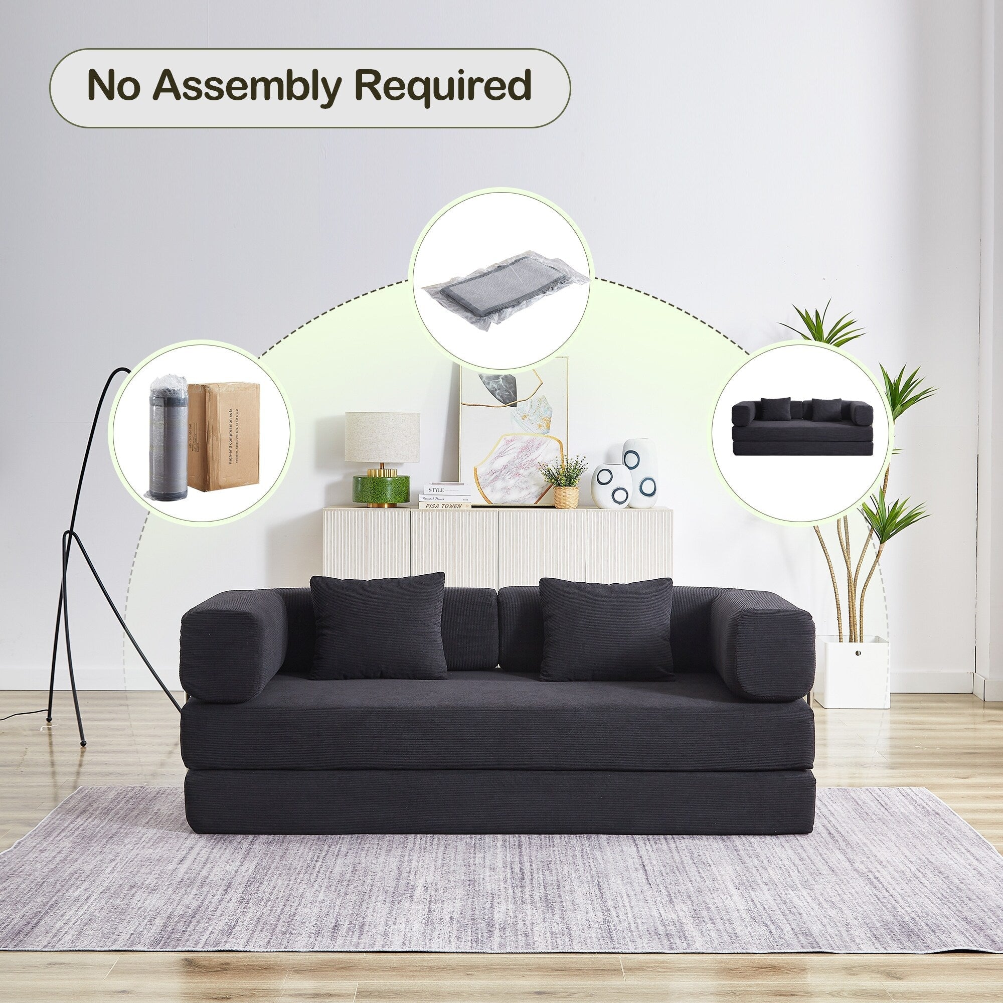 Canapé-lit convertible avec oreiller, matelas pliant 4 en 1 en velours côtelé avec cadre fixe