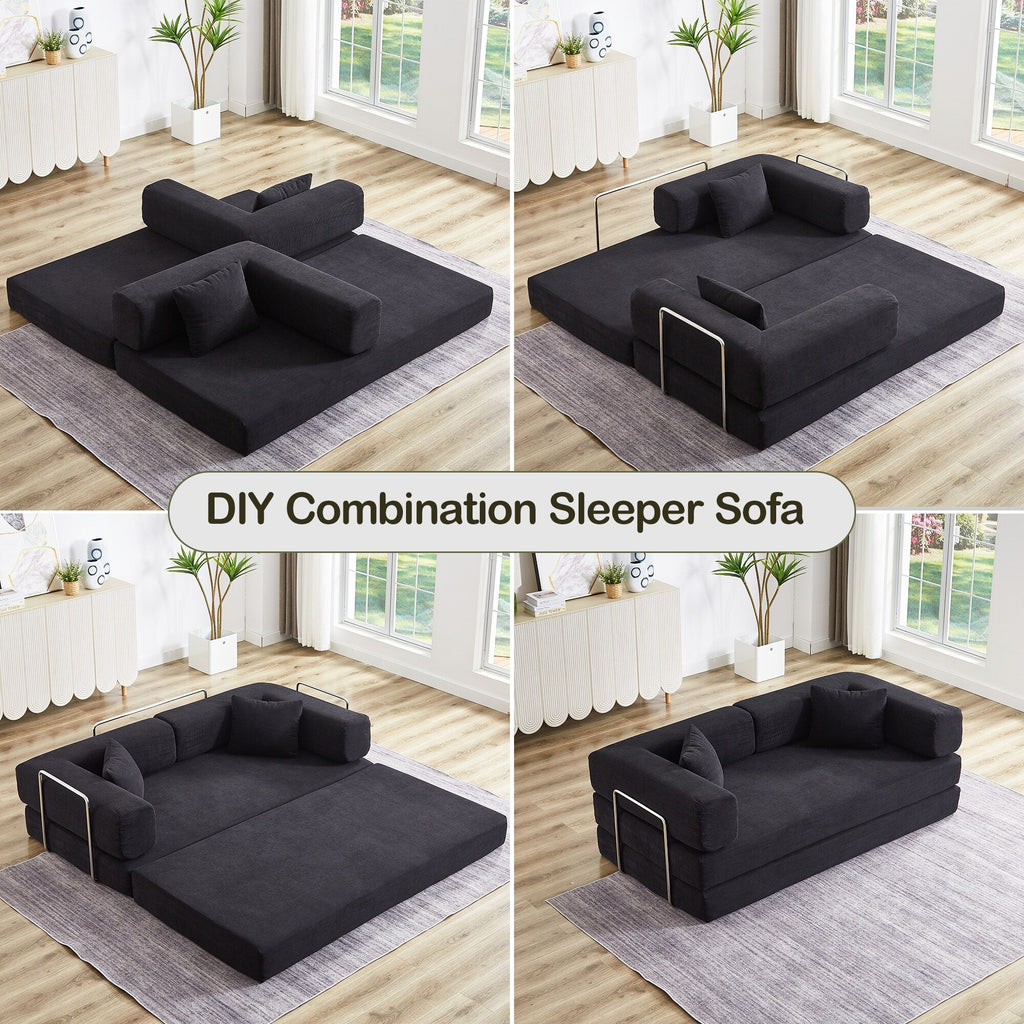 Canapé-lit convertible avec oreiller, matelas pliant 4 en 1 en velours côtelé avec cadre fixe