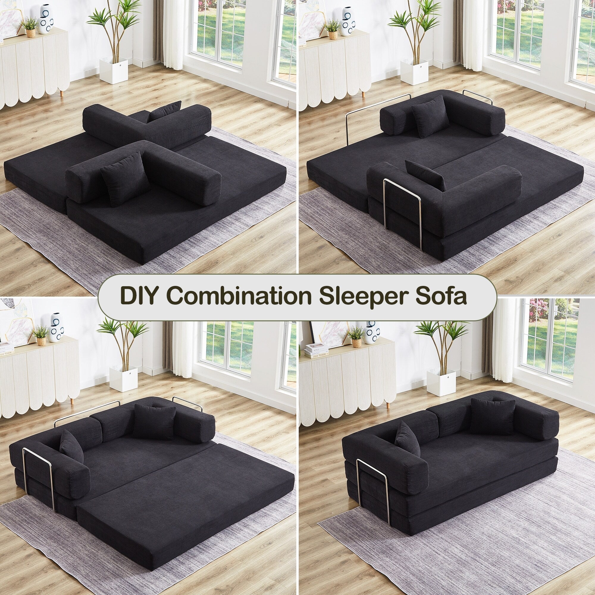 Canapé-lit convertible avec oreiller, matelas pliant 4 en 1 en velours côtelé avec cadre fixe