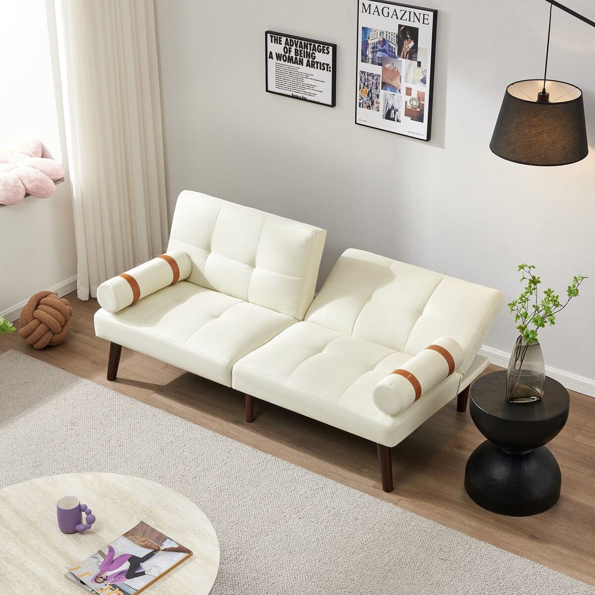 Canapé-lit futon convertible avec pieds en bois massif et tissu lin gris