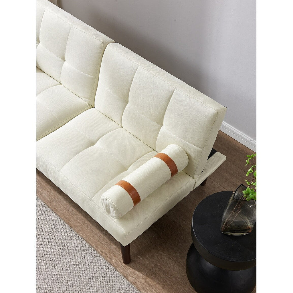 Canapé-lit futon convertible avec pieds en bois massif et tissu lin gris