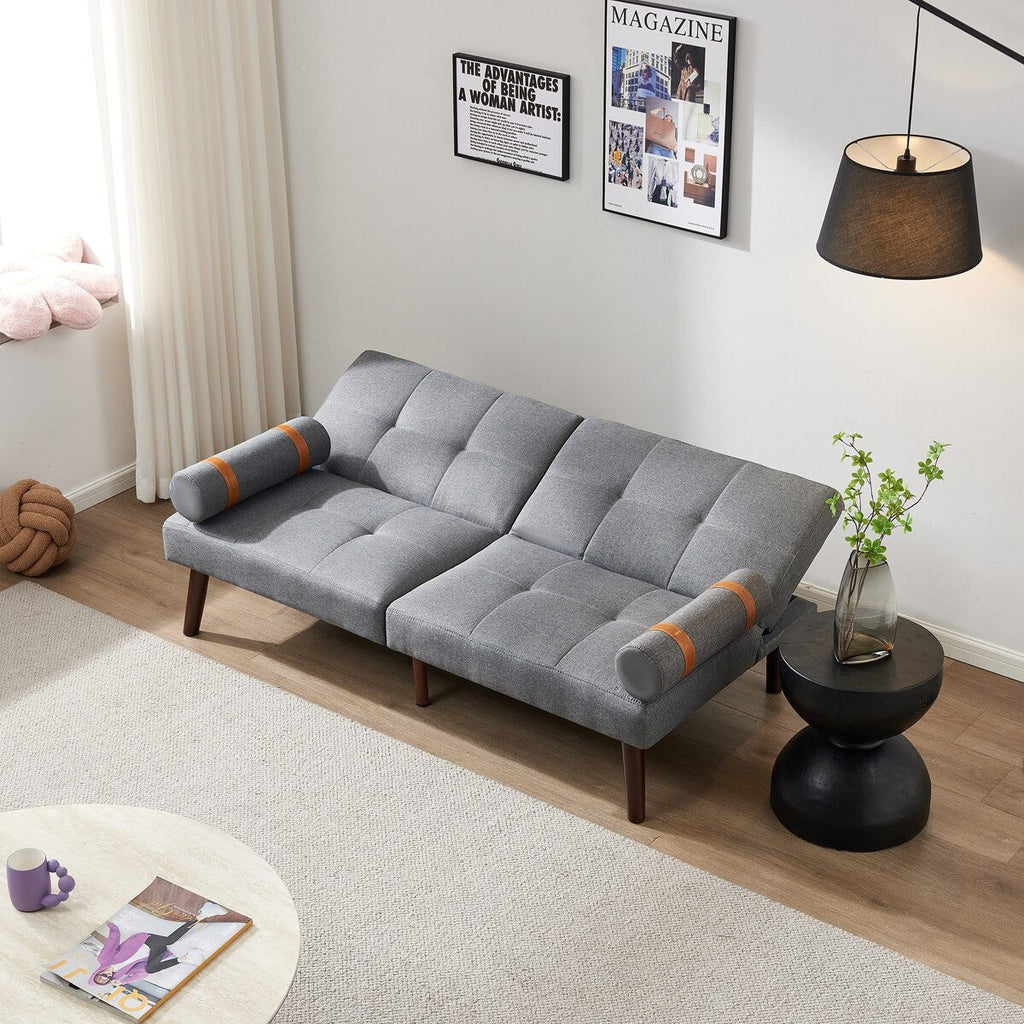 Canapé-lit futon convertible avec pieds en bois massif et tissu lin gris