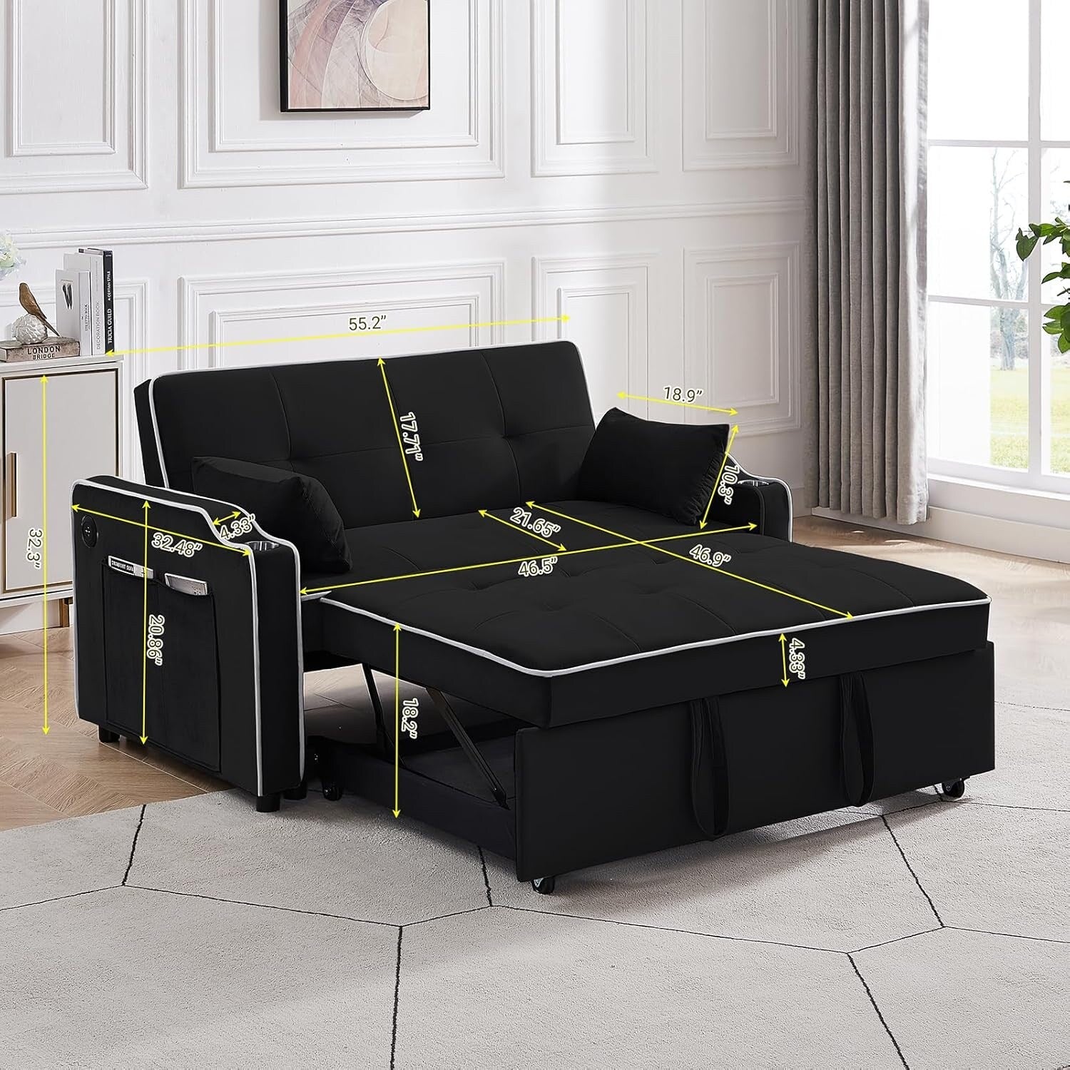 Canapé-lit convertible 3 en 1 multifonction en velours avec lit gigogne