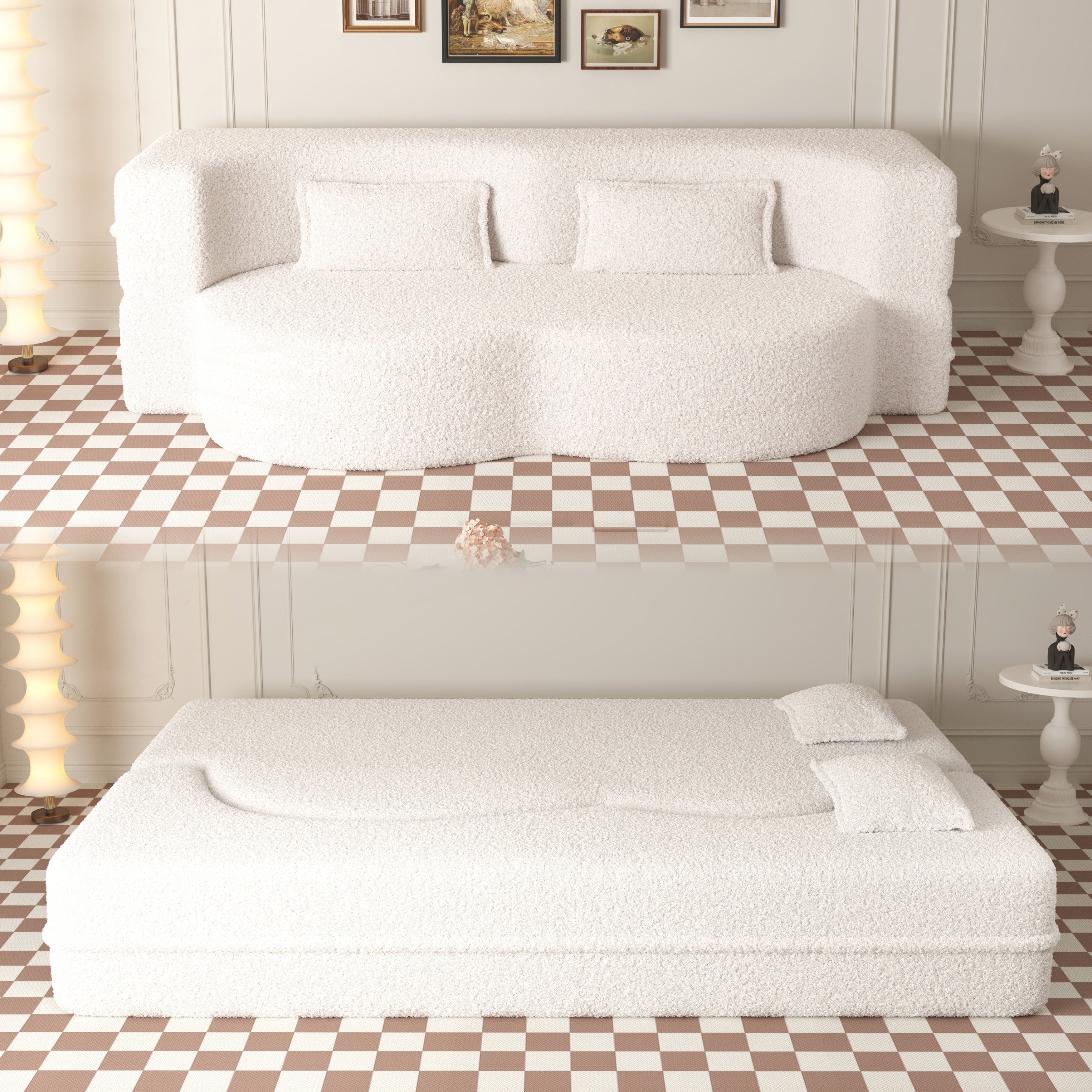 Canapé-lit convertible en tissu Teddy rempli de mousse