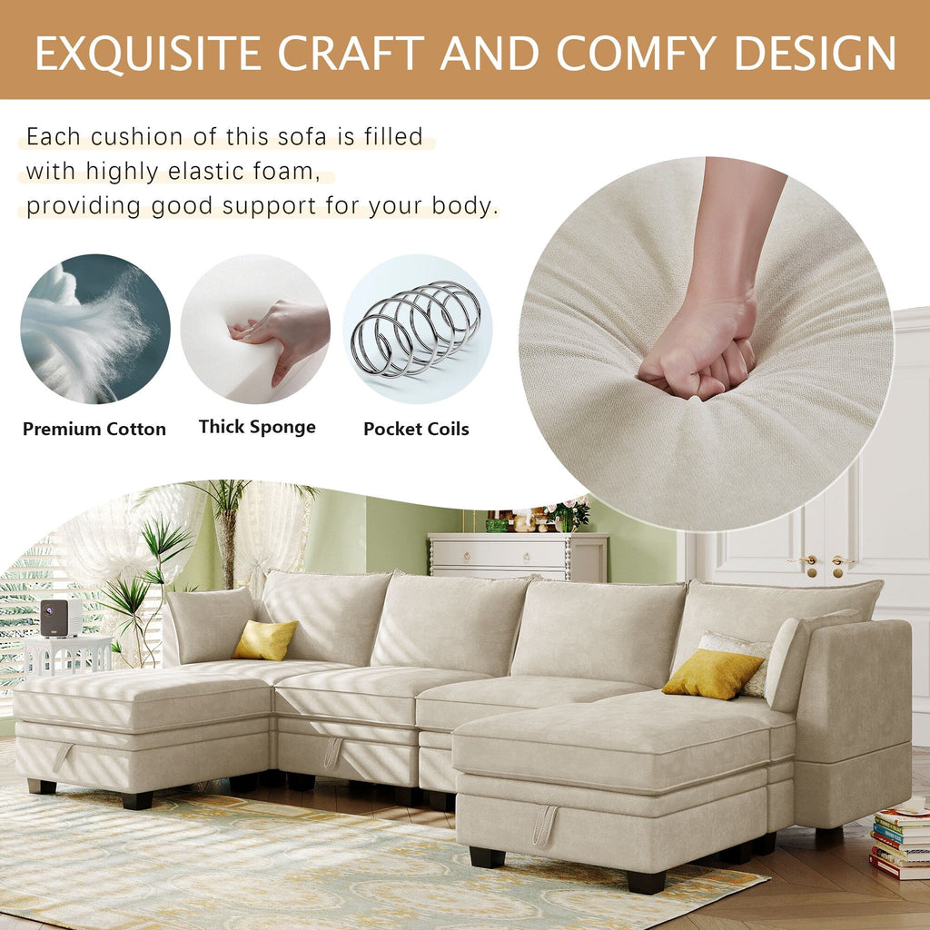 Canapé modulable en U convertible avec pouf de rangement et méridienne réversible pour salon