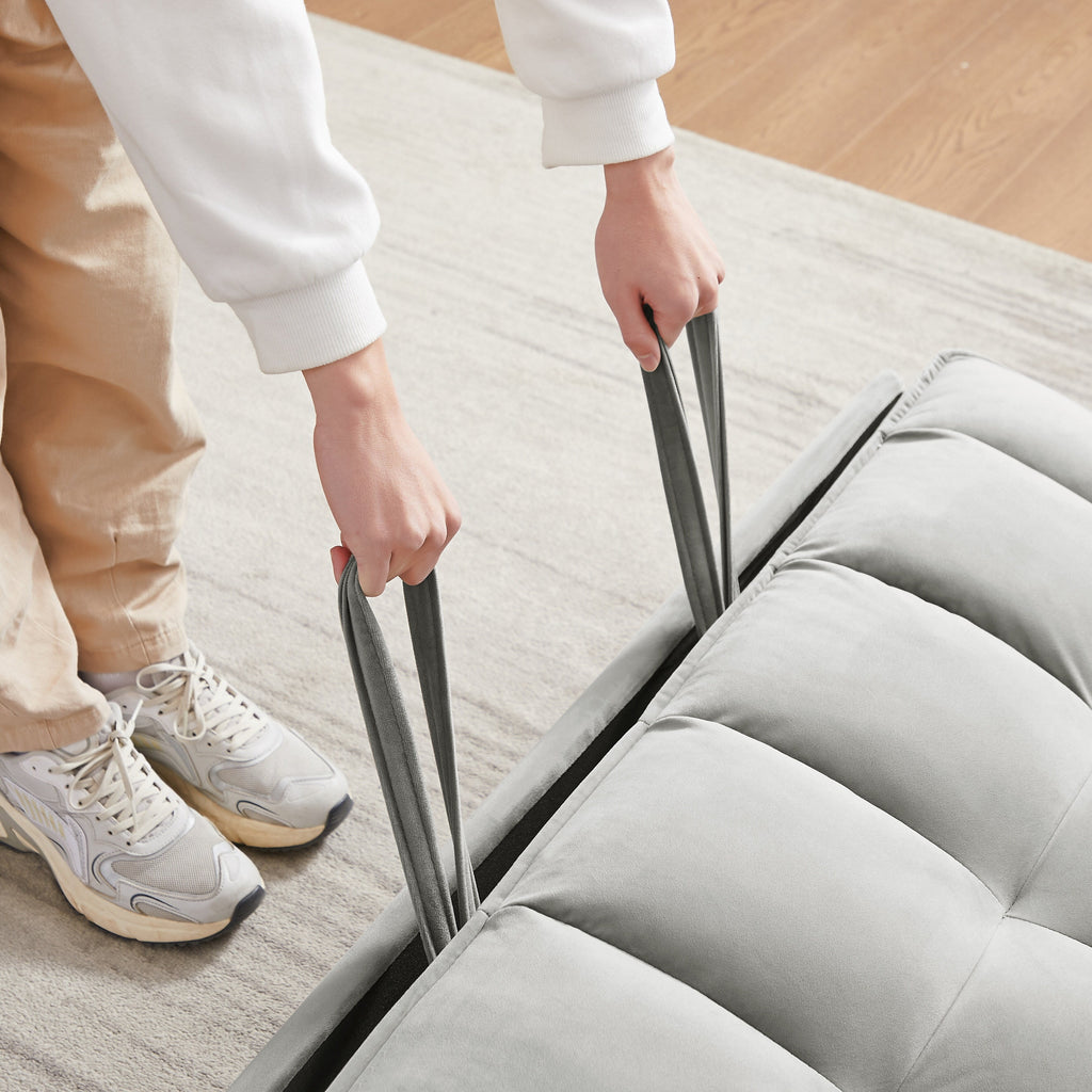 Canapé convertible en velours avec dossier inclinable, lit gigogne et coussins décoratifs, idéal pour les petits espaces