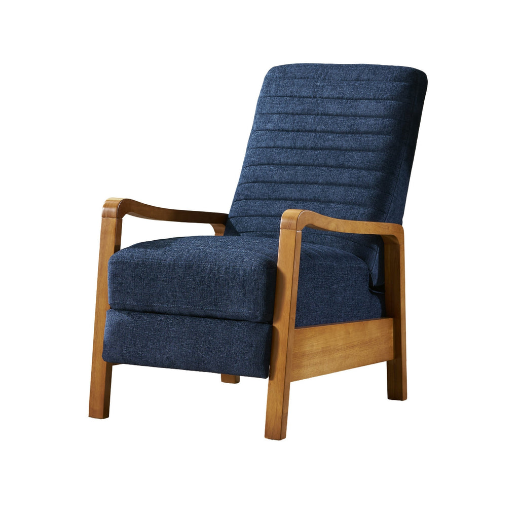Fauteuil inclinable manuel Copa, bois brun, capitonnage bleu marine