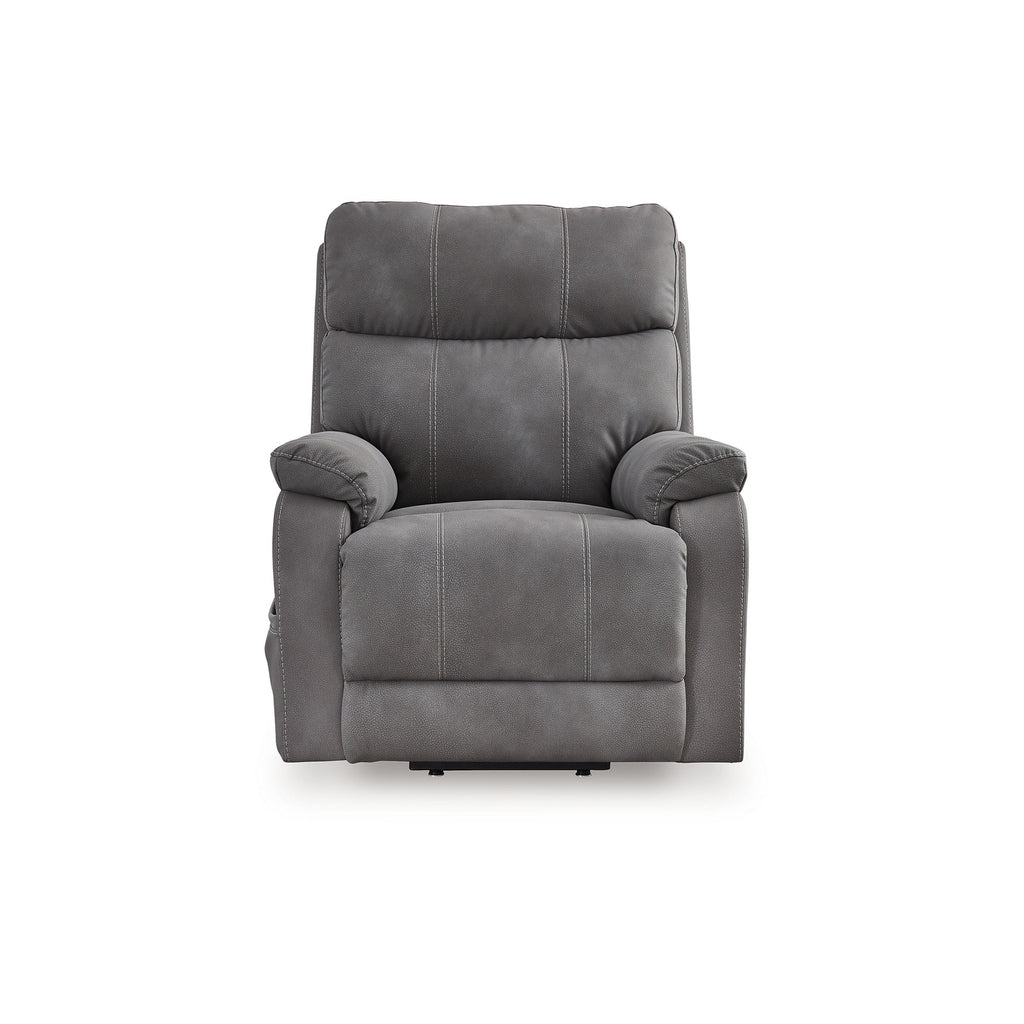 Fauteuil inclinable électrique Corbin, similicuir gris, accoudoirs coussinés