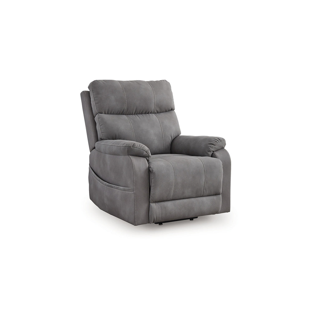 Fauteuil inclinable électrique Corbin, similicuir gris, accoudoirs coussinés