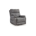Fauteuil inclinable électrique Corbin, similicuir gris, accoudoirs coussinés