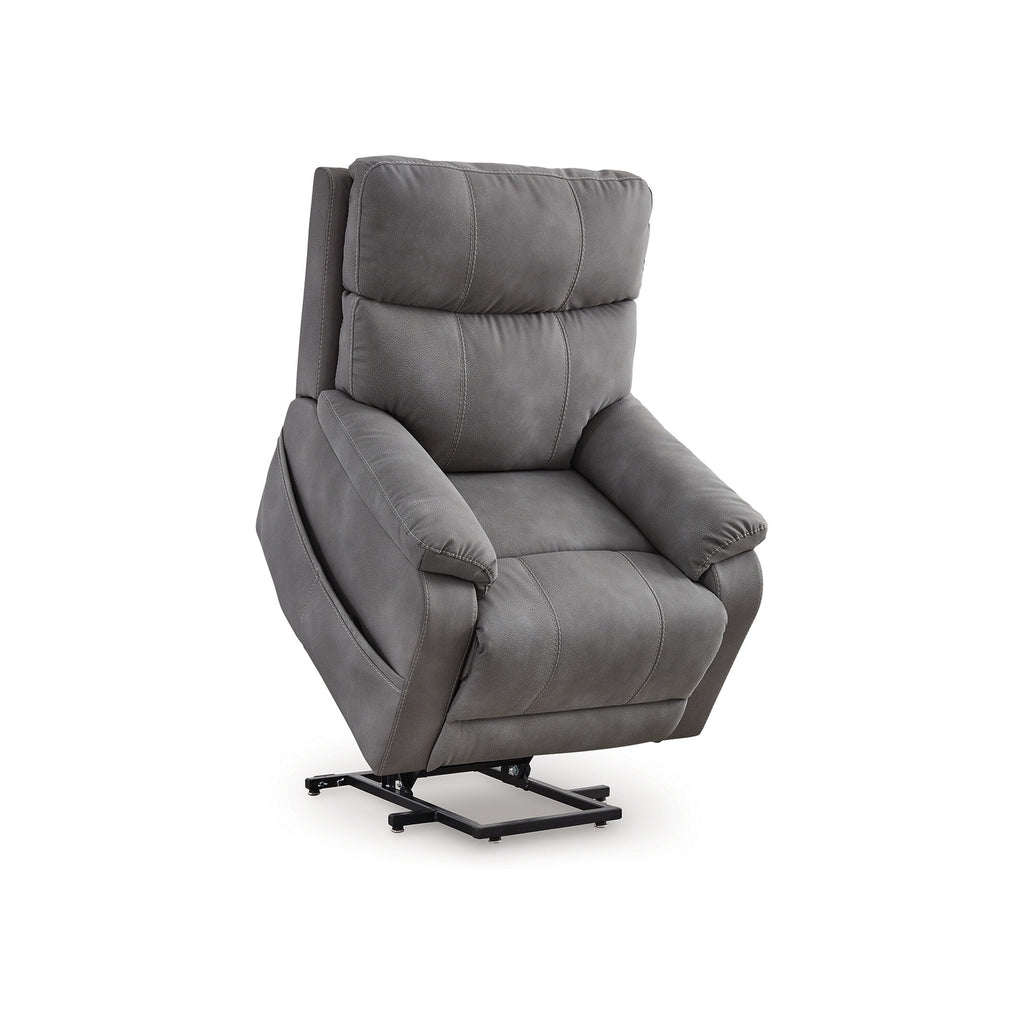 Fauteuil inclinable électrique Corbin, similicuir gris, accoudoirs coussinés