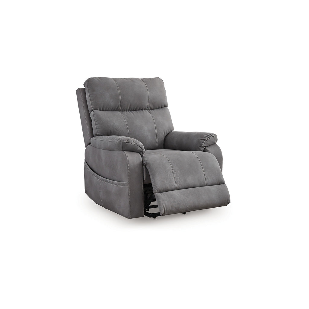 Fauteuil inclinable électrique Corbin, similicuir gris, accoudoirs coussinés