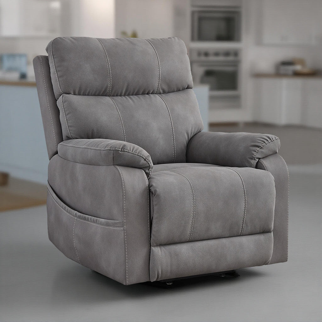 Fauteuil inclinable électrique Corbin, similicuir gris, accoudoirs coussinés