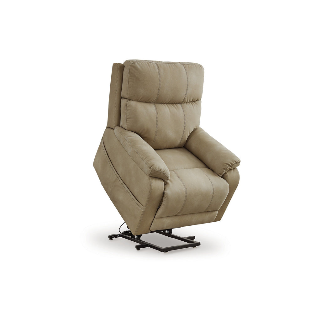 Fauteuil inclinable électrique Corbin, similicuir sable, accoudoirs coussinés