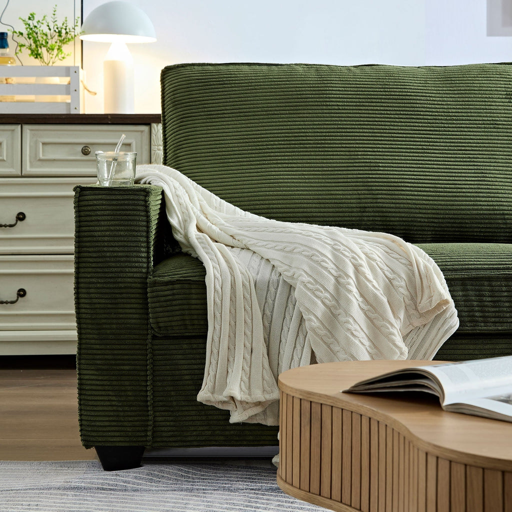 Canapé 3 places en velours côtelé avec porte-gobelet et rangement