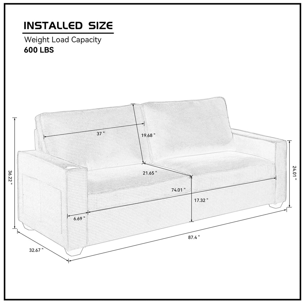 Canapé 3 places en velours côtelé avec porte-gobelet et rangement