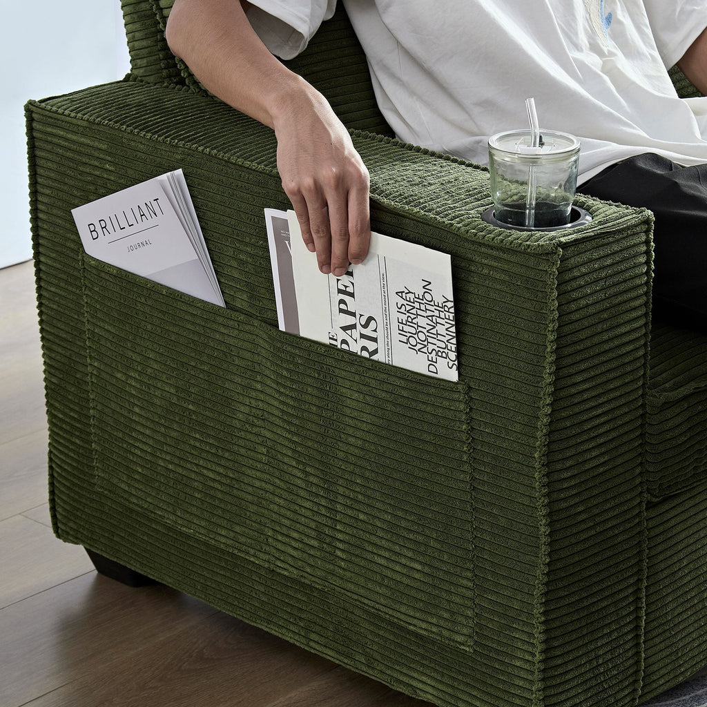 Canapé 3 places en velours côtelé avec porte-gobelet et rangement