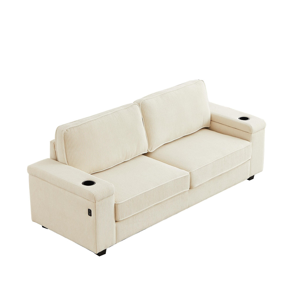 Canapé 3 places en velours côtelé avec ports USB et porte-gobelets