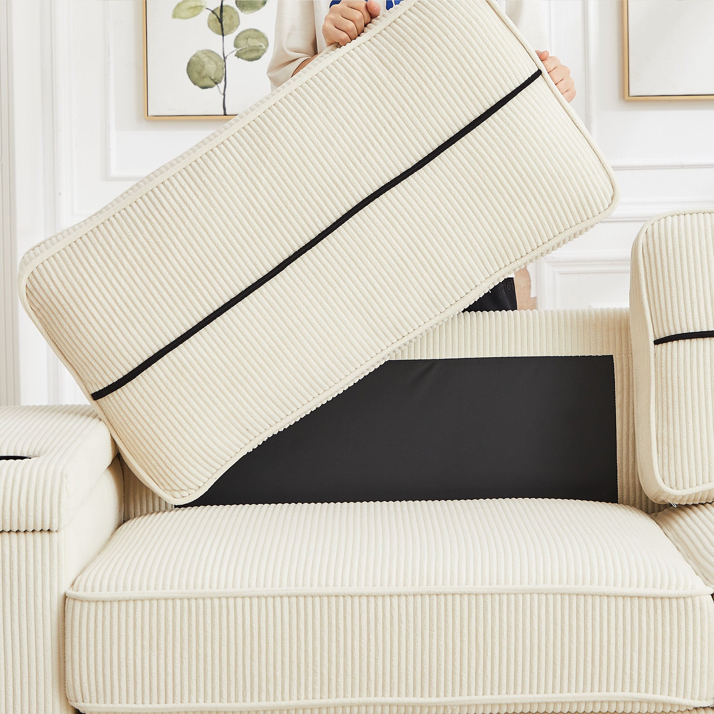 Canapé 3 places en velours côtelé avec ports USB et porte-gobelets