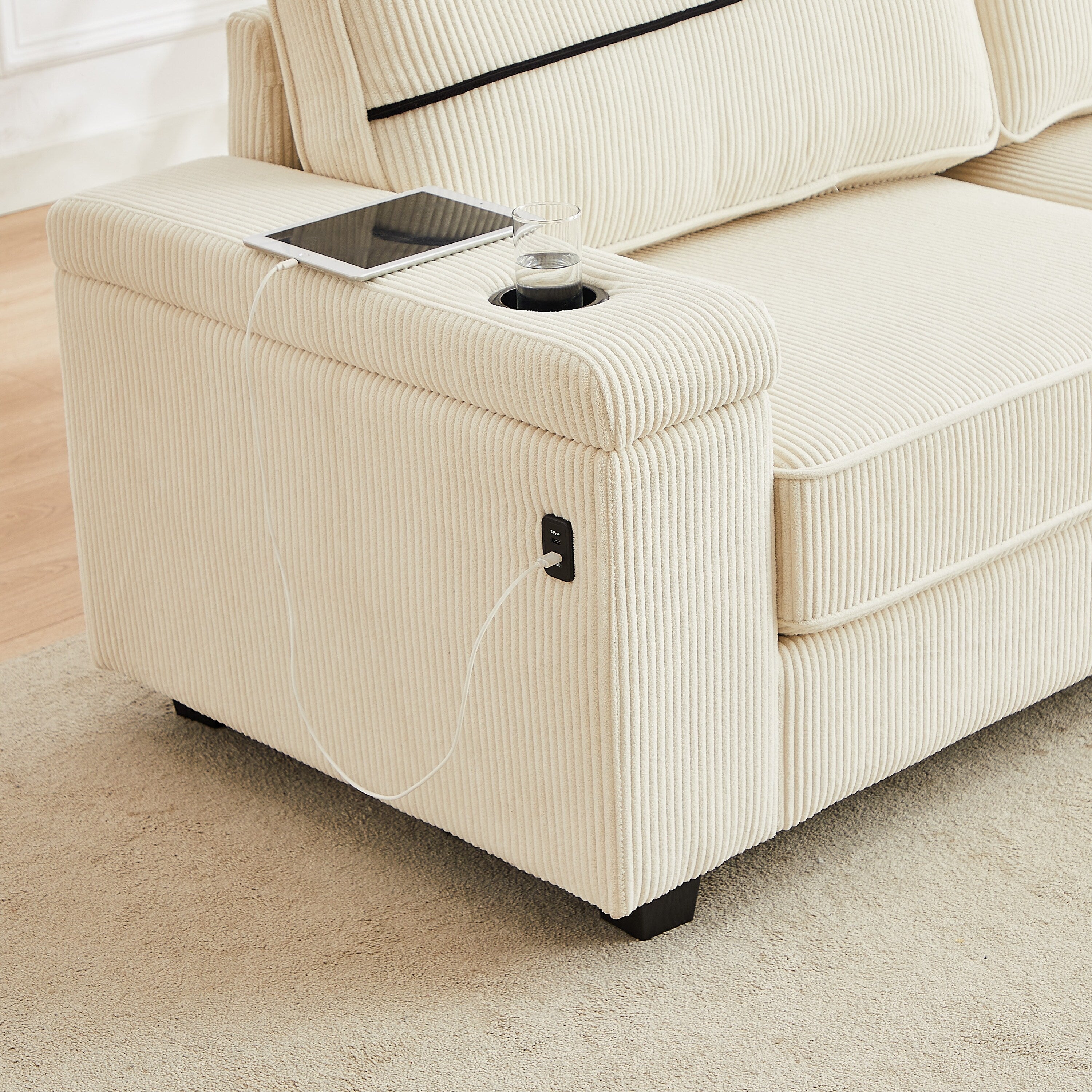 Canapé 3 places en velours côtelé avec ports USB et porte-gobelets