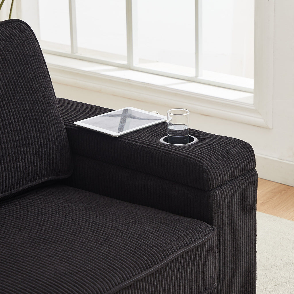 Canapé 3 places en velours côtelé avec ports USB et porte-gobelets