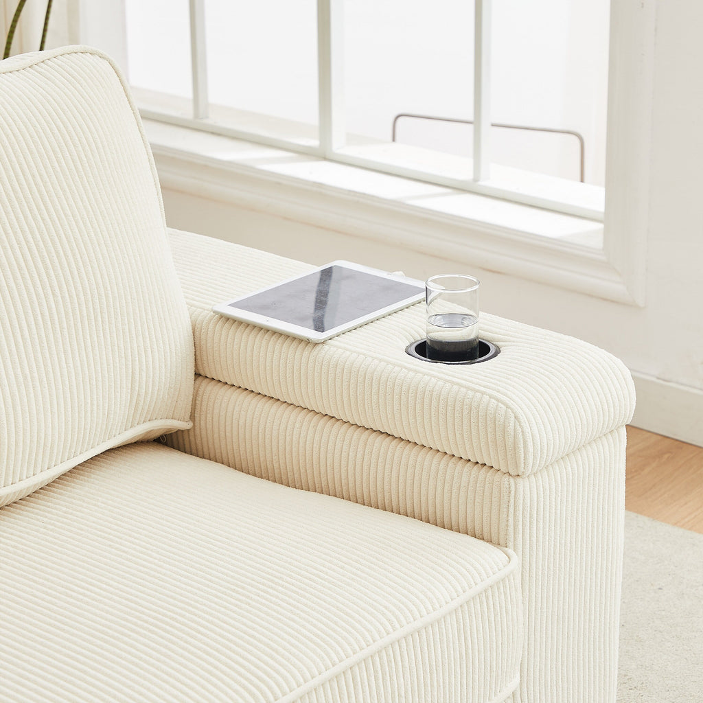 Canapé 3 places en velours côtelé avec ports USB et porte-gobelets