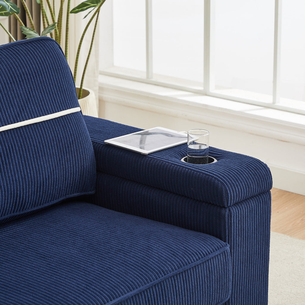 Canapé 3 places en velours côtelé avec ports USB et porte-gobelets