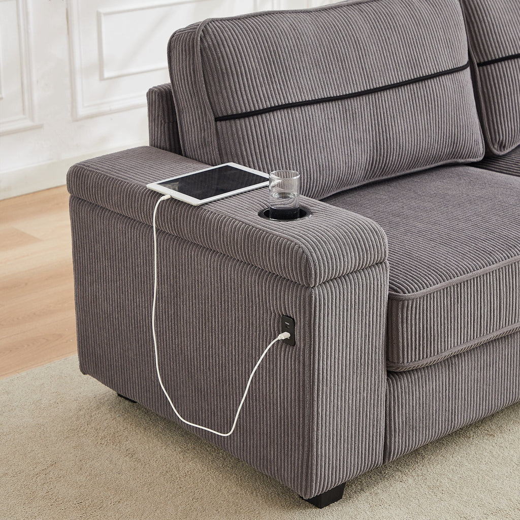 Canapé 3 places en velours côtelé avec ports USB et porte-gobelets