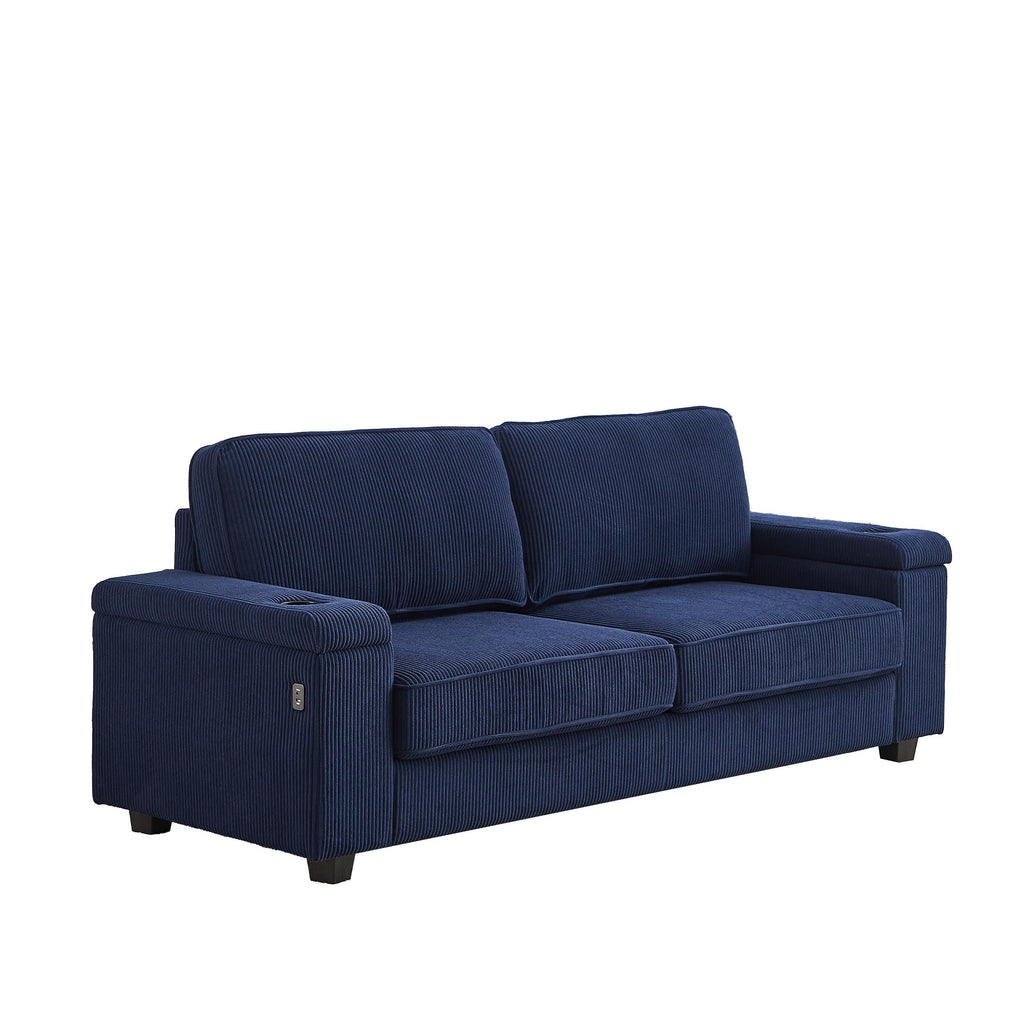 Canapé 3 places en velours côtelé avec ports USB et porte-gobelets