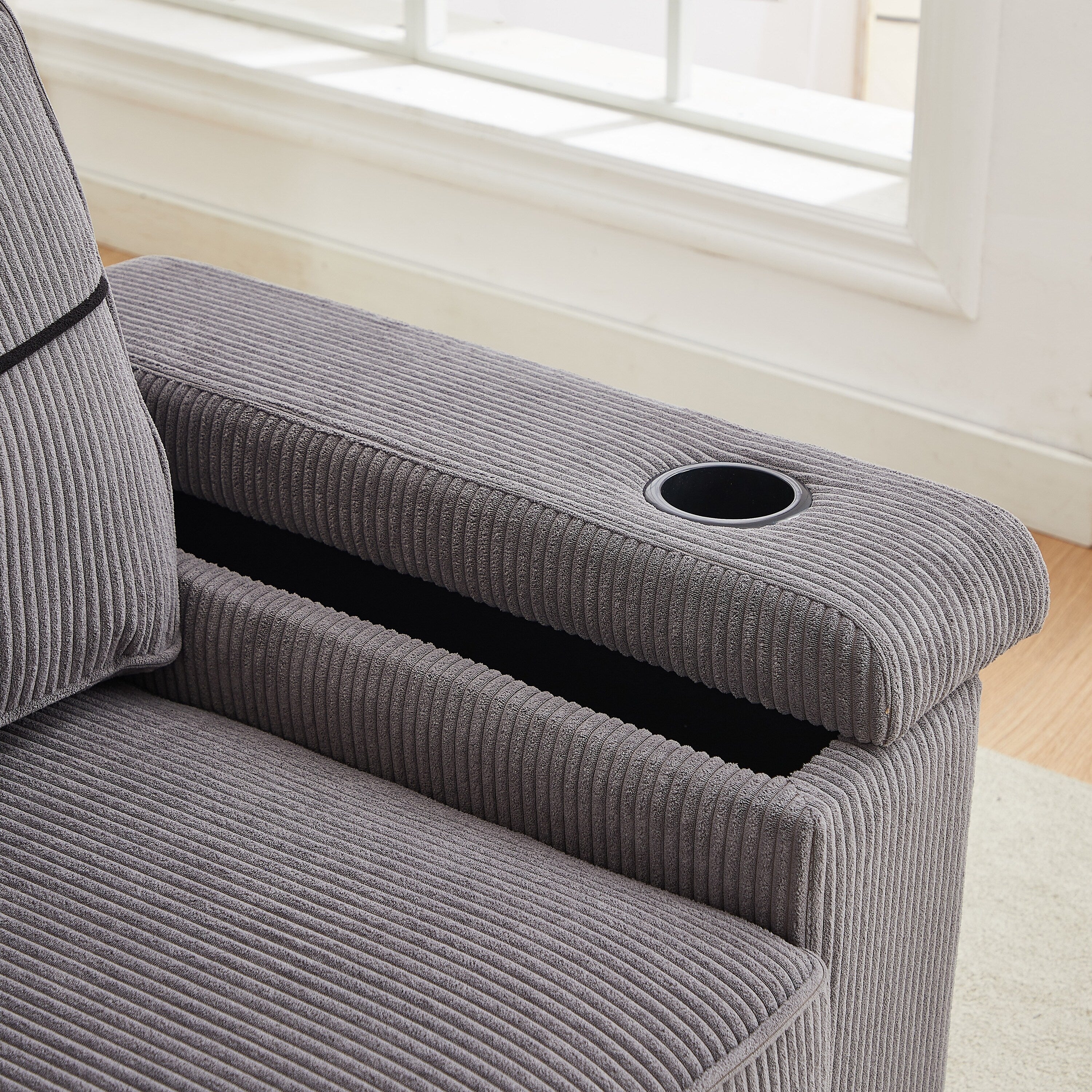 Canapé 3 places en velours côtelé avec ports USB et porte-gobelets