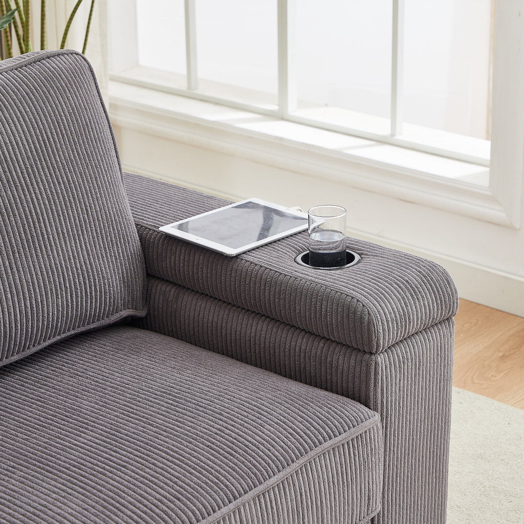 Canapé 3 places en velours côtelé avec ports USB et porte-gobelets