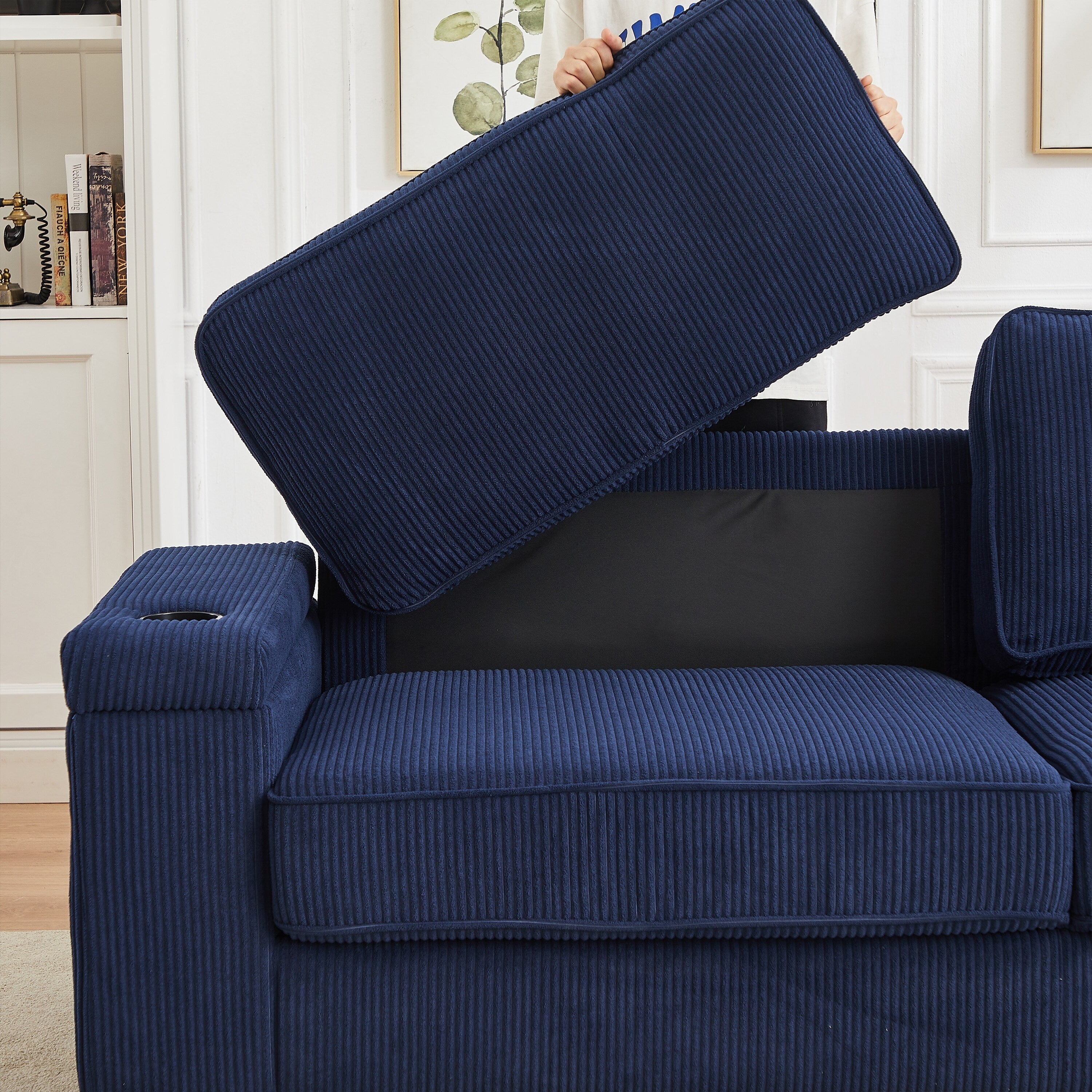 Canapé 3 places en velours côtelé avec ports USB et porte-gobelets