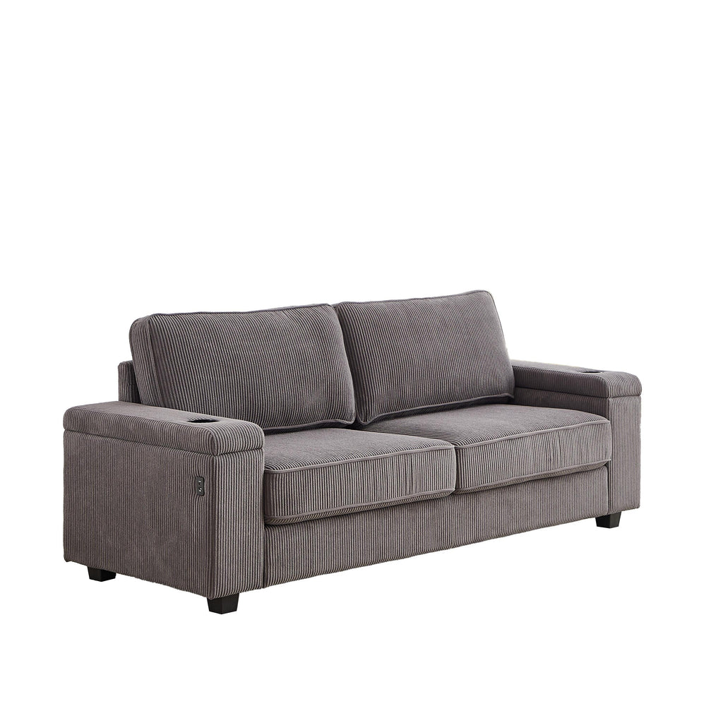 Canapé 3 places en velours côtelé avec ports USB et porte-gobelets