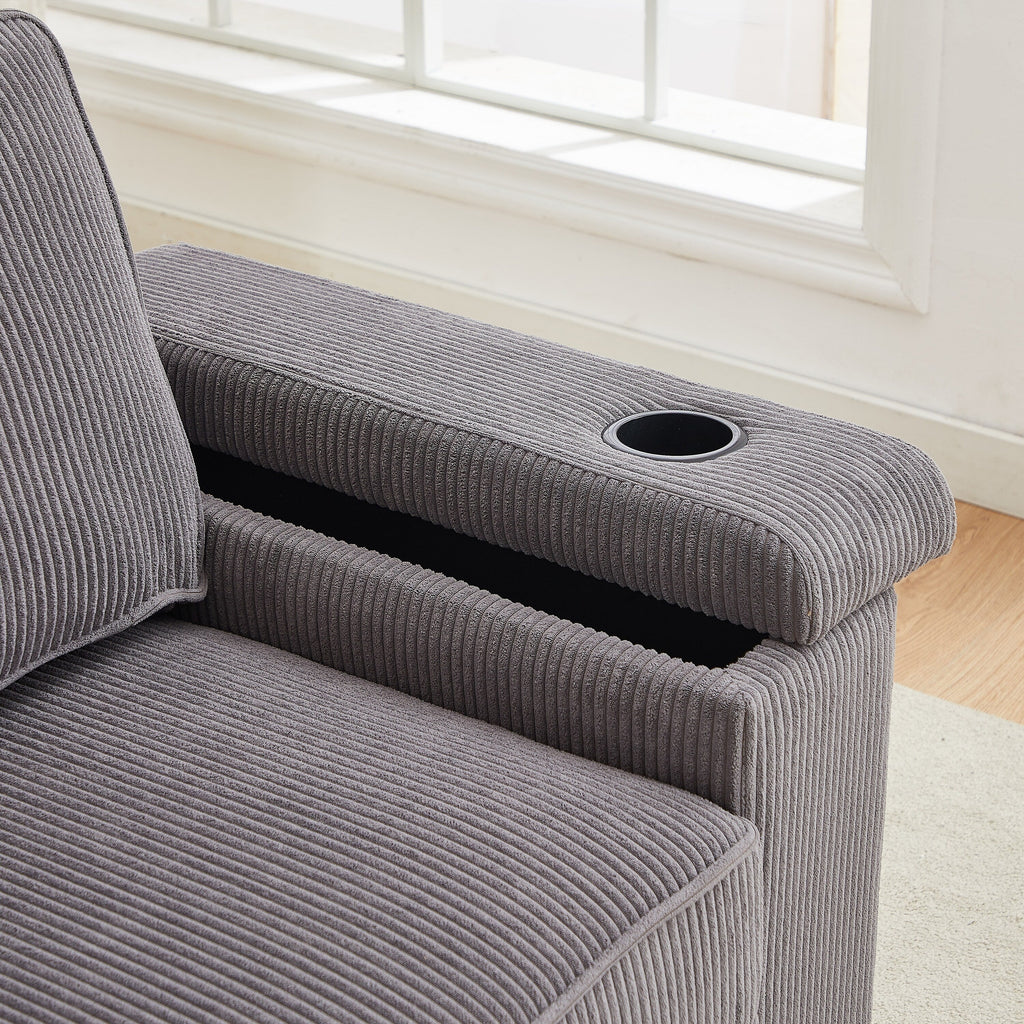 Canapé 3 places en velours côtelé avec ports USB et porte-gobelets