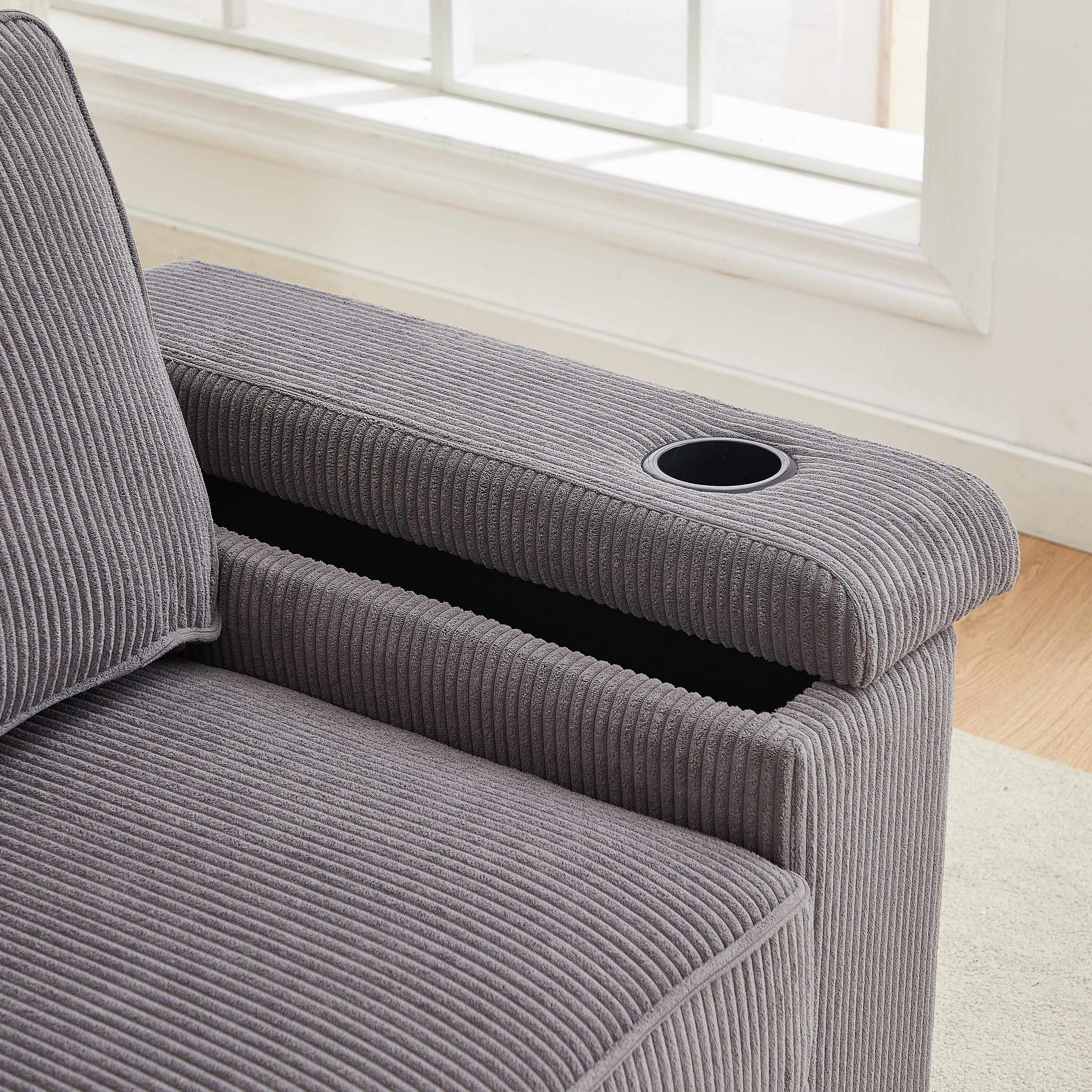 Canapé 3 places en velours côtelé avec ports USB et porte-gobelets