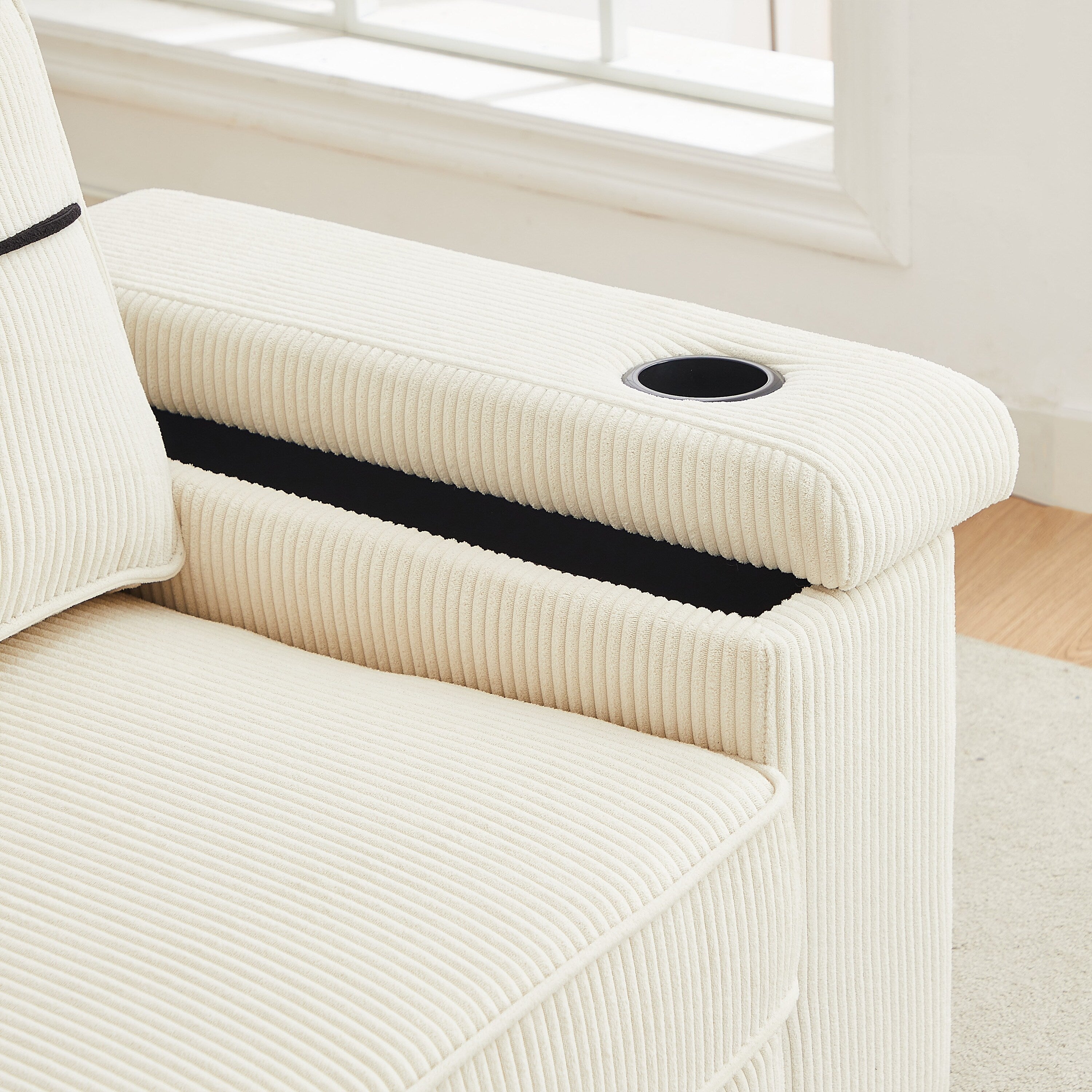 Canapé 3 places en velours côtelé avec ports USB et porte-gobelets