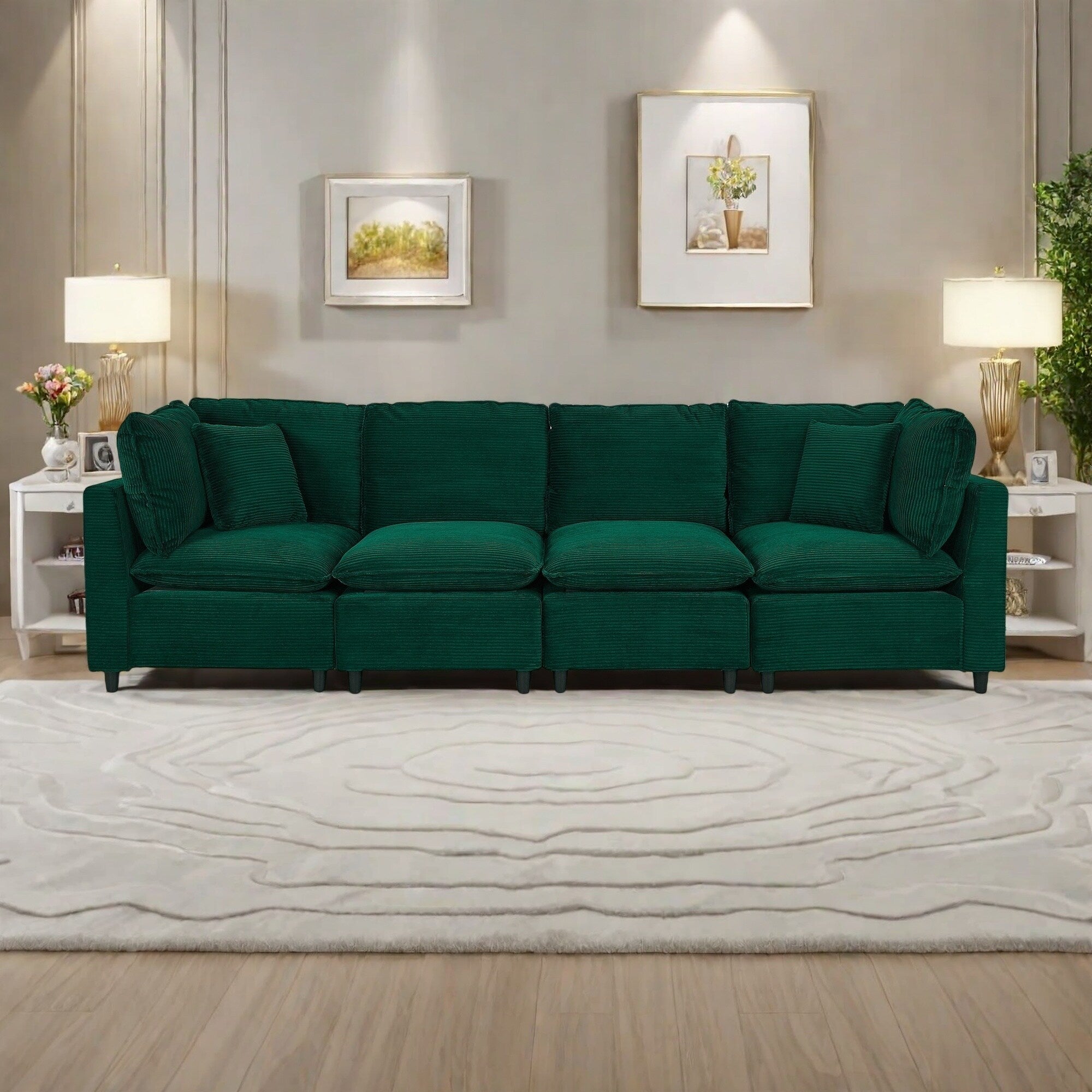 Canapé 4 places en velours côtelé avec 4 petits coussins, tissu respirant et coussins en éponge épais