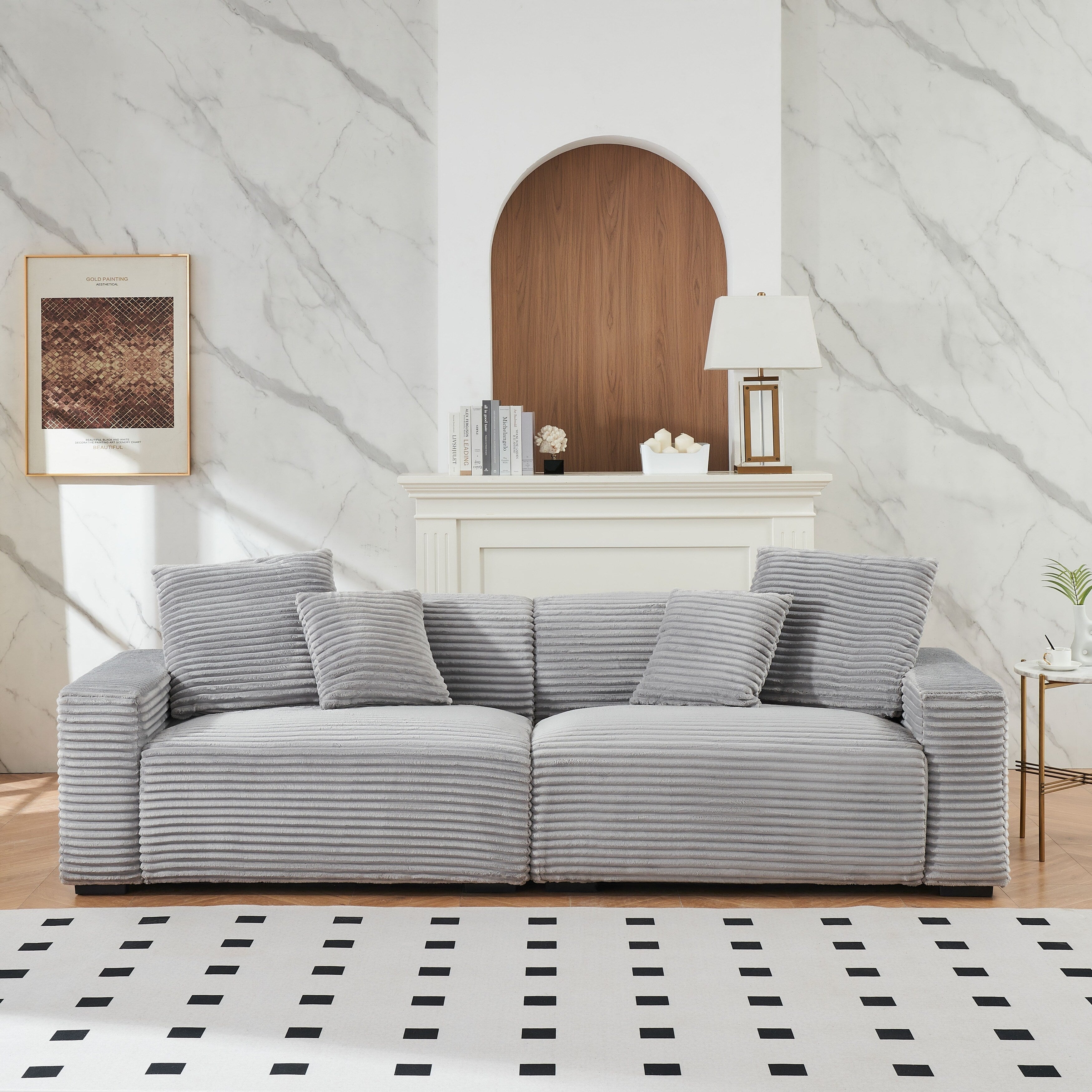 Canapé 4 places en velours côtelé avec coussins décoratifs