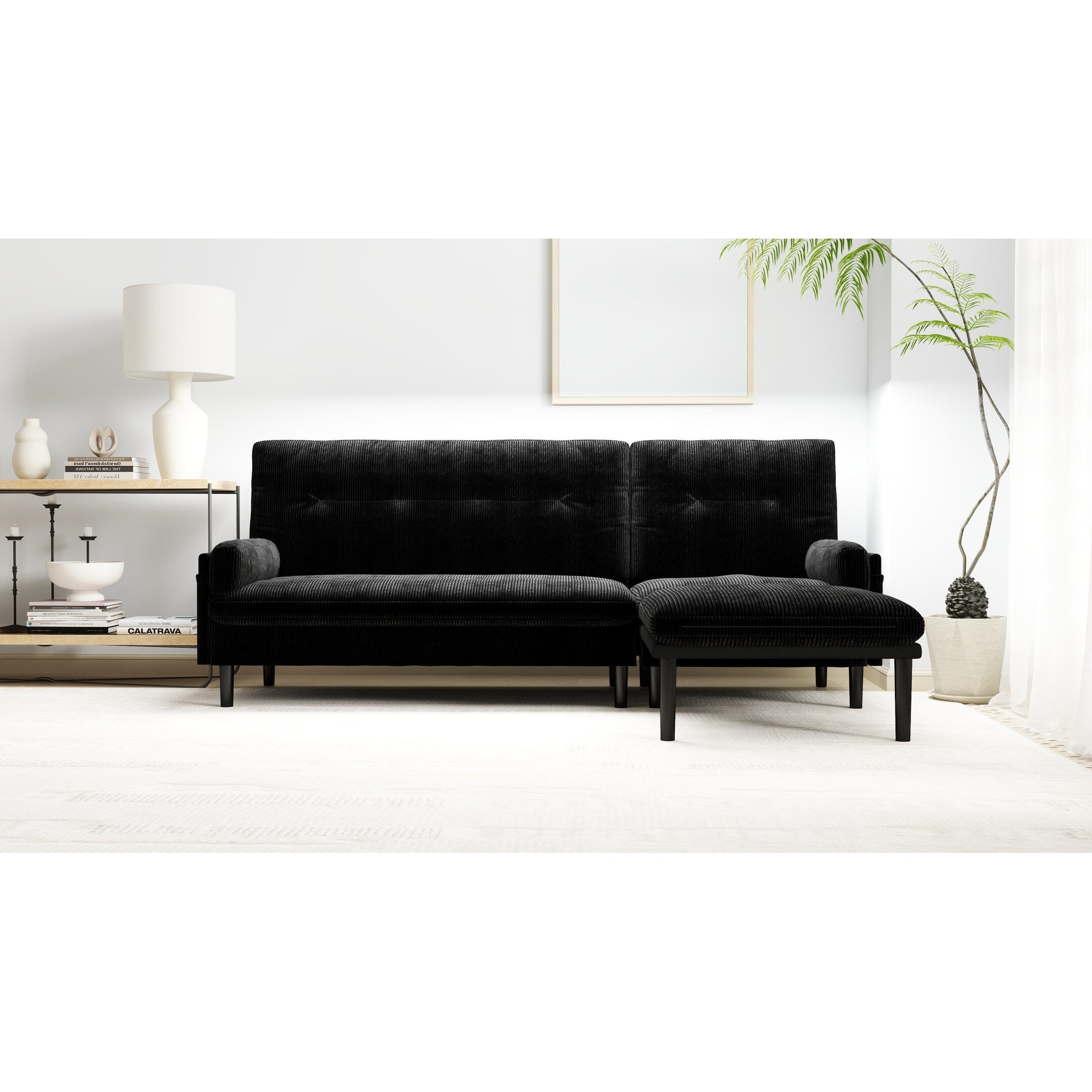 Canapé 3 places réglable en velours côtelé et lit d'appoint