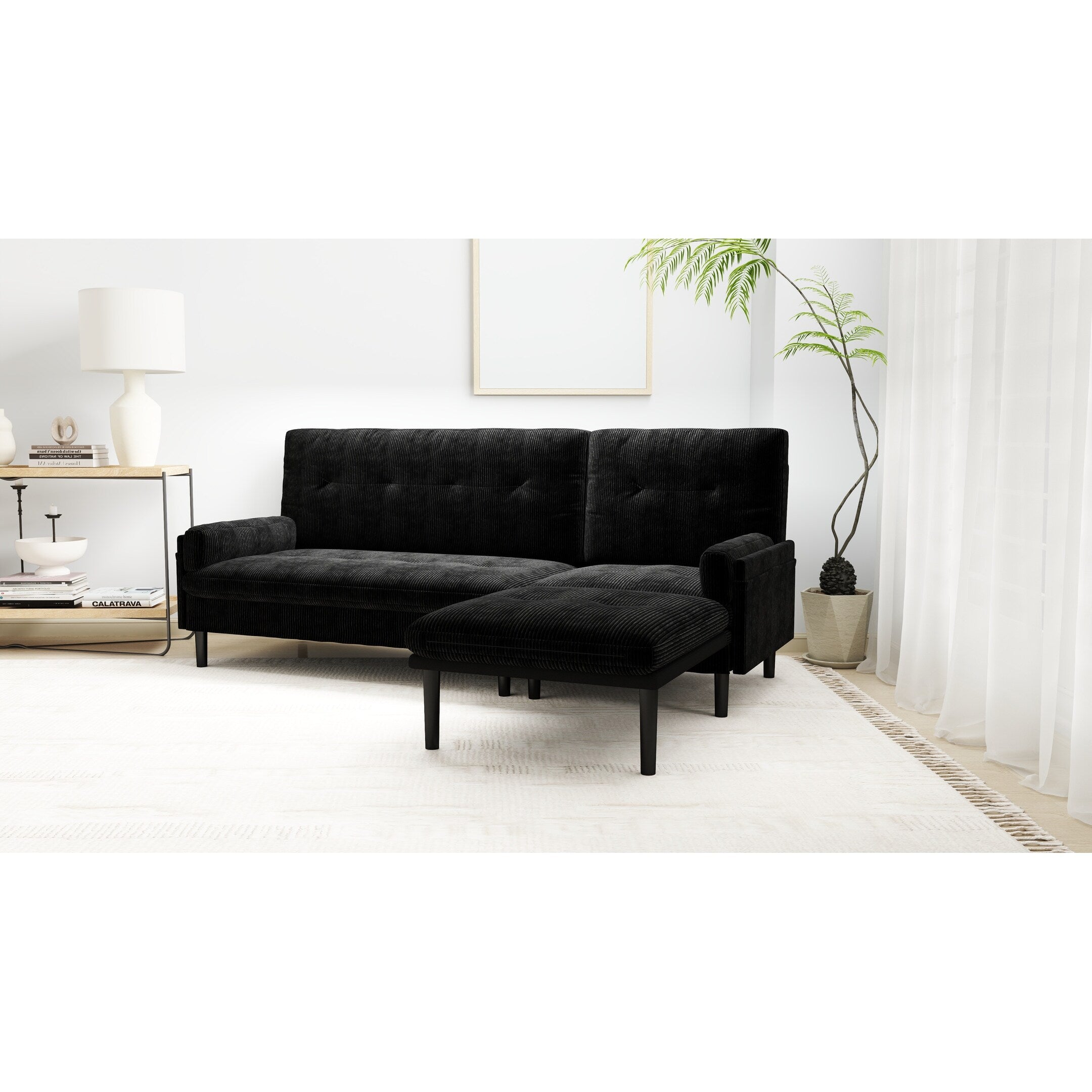 Canapé 3 places réglable en velours côtelé et lit d'appoint