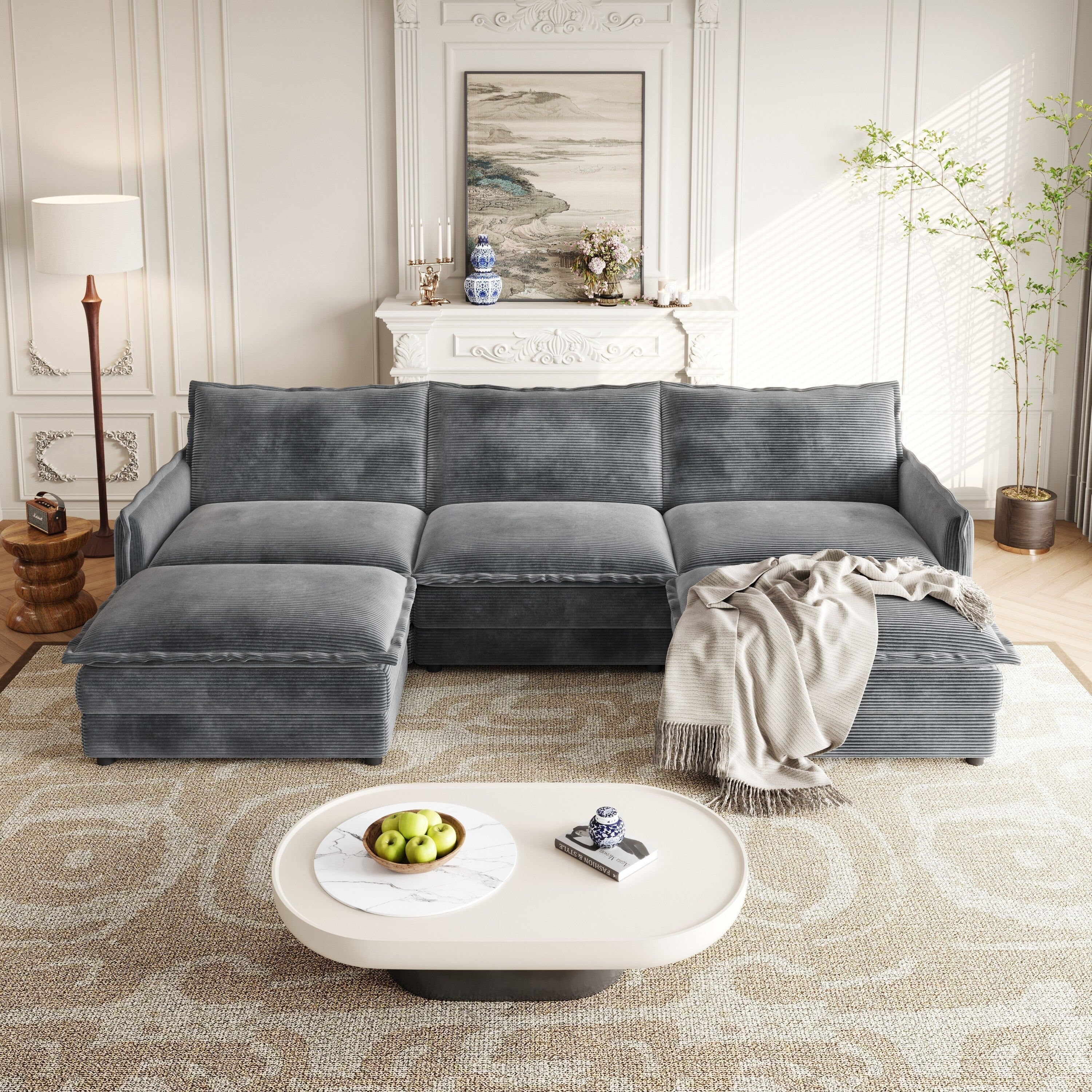 Canapé Cloud 3 places en velours côtelé avec 2 repose-pieds amovibles, ensemble de canapé en U, siège profond rembourré 2 places avec 3 coussins