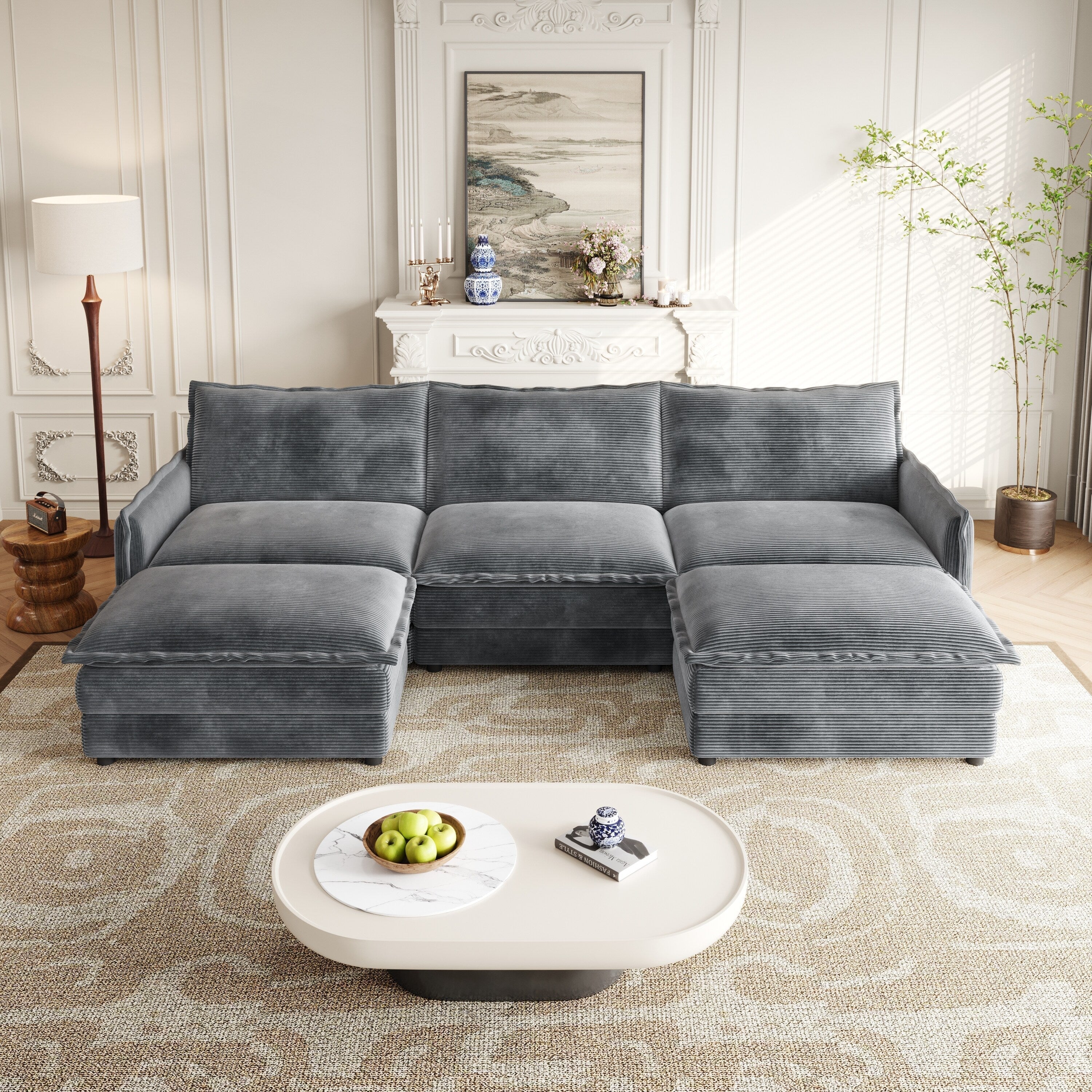 Canapé Cloud 3 places en velours côtelé avec 2 repose-pieds amovibles, ensemble de canapé en U, siège profond rembourré 2 places avec 3 coussins