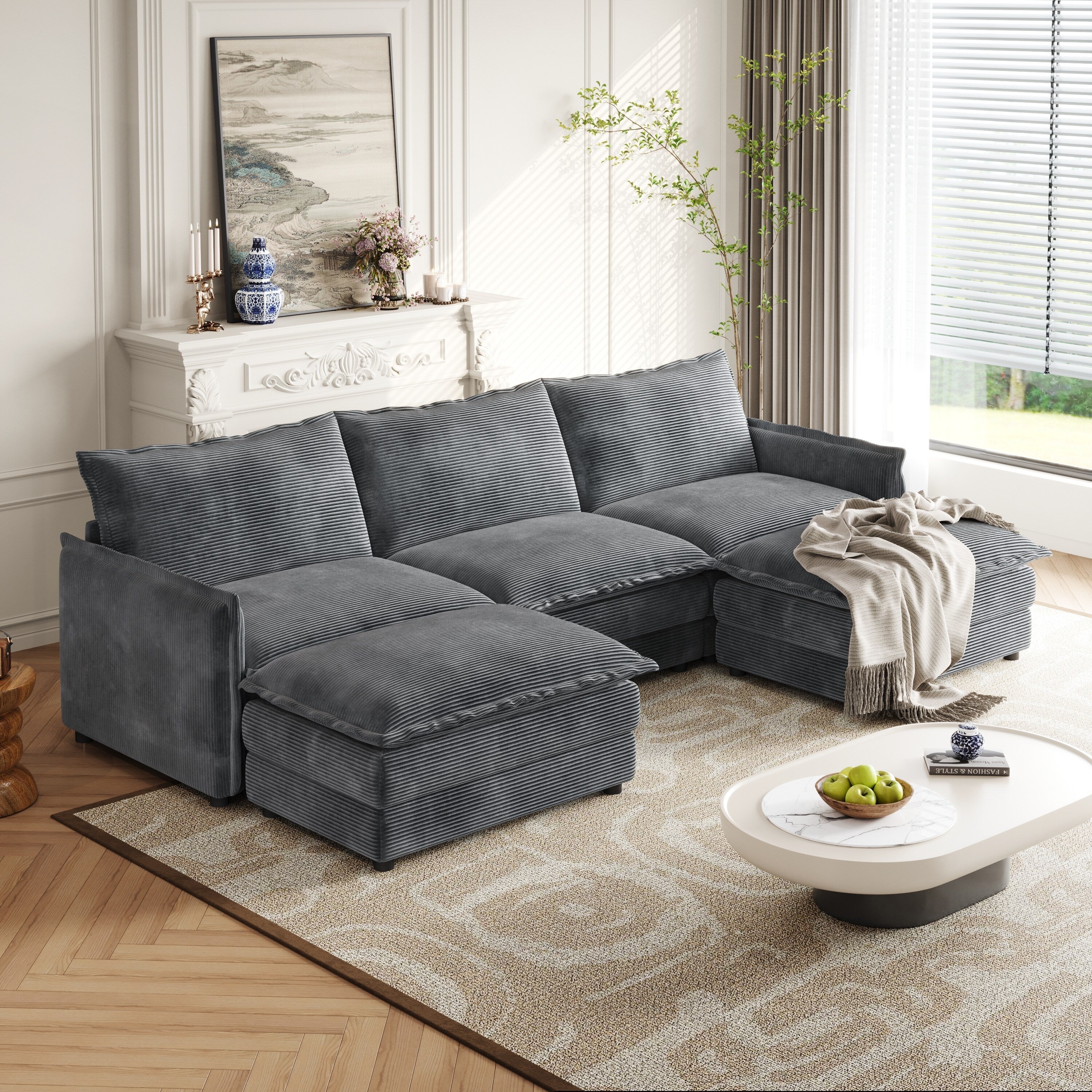 Canapé Cloud 3 places en velours côtelé avec 2 repose-pieds amovibles, ensemble de canapé en U, siège profond rembourré 2 places avec 3 coussins