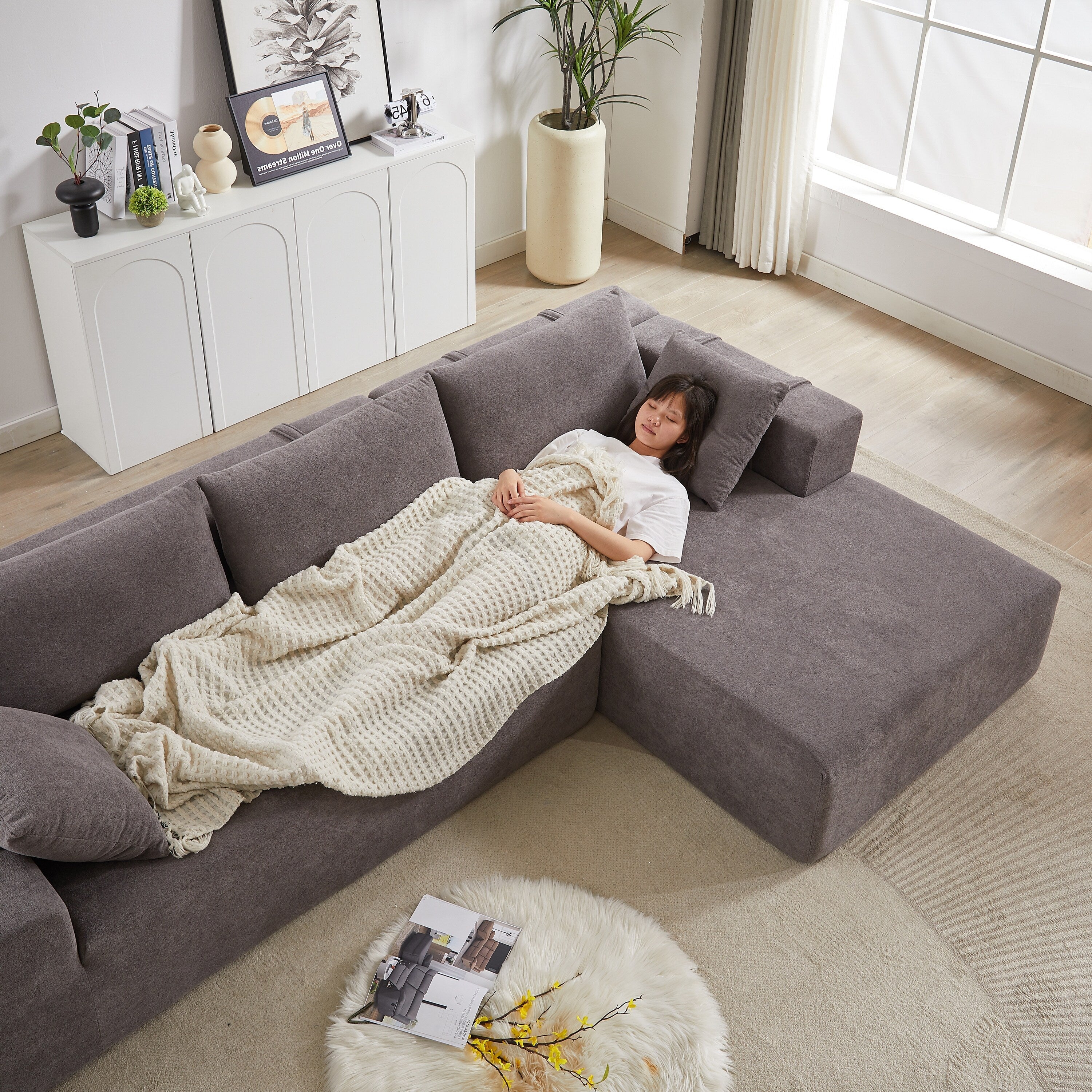 Canapé Cloud 3 places en velours côtelé avec 2 repose-pieds amovibles, ensemble de canapé en U, siège profond rembourré 2 places avec 3 coussins