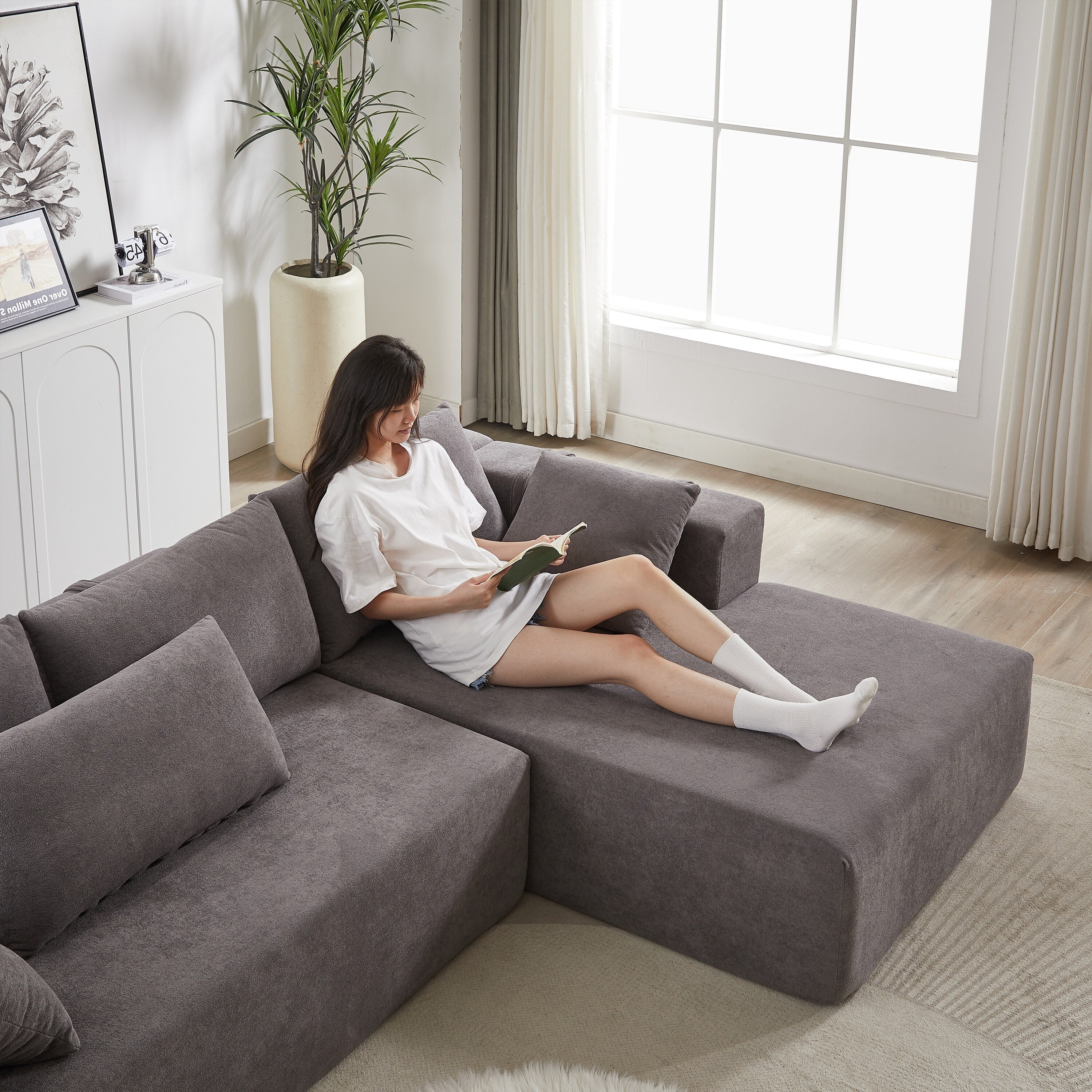 Canapé Cloud 3 places en velours côtelé avec 2 repose-pieds amovibles, ensemble de canapé en U, siège profond rembourré 2 places avec 3 coussins