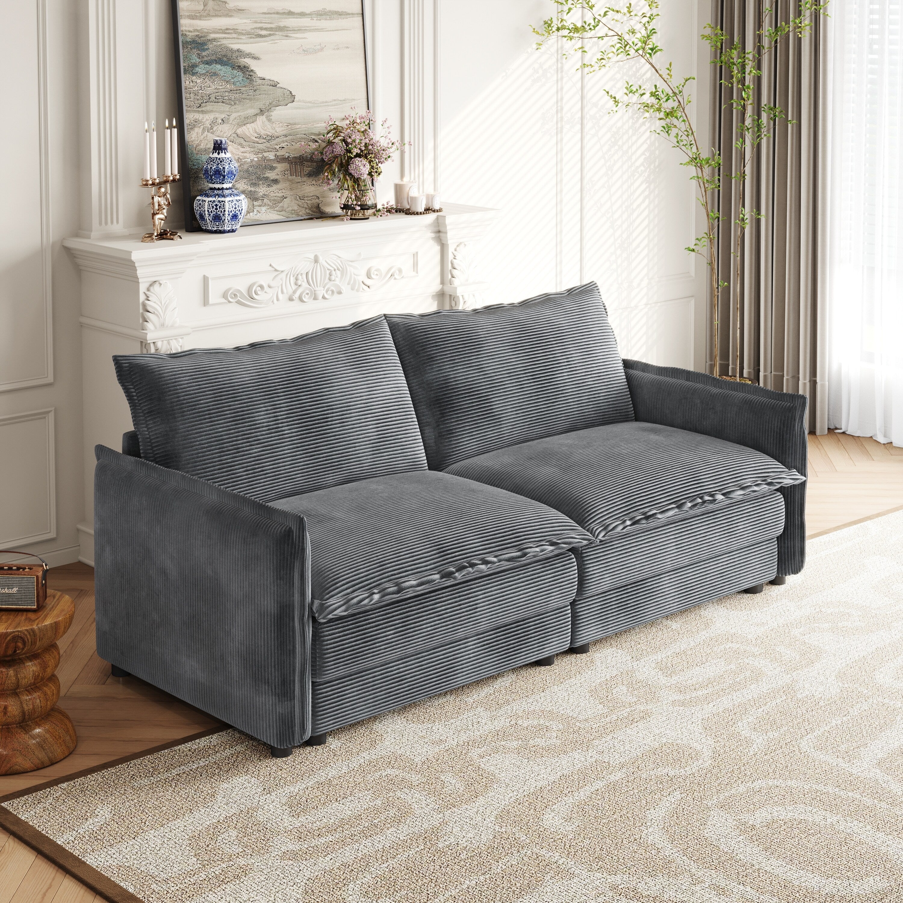 Canapé-lit deux places en velours côtelé pour salon, canapé rembourré de grande taille, siège profond, avec 2 oreillers