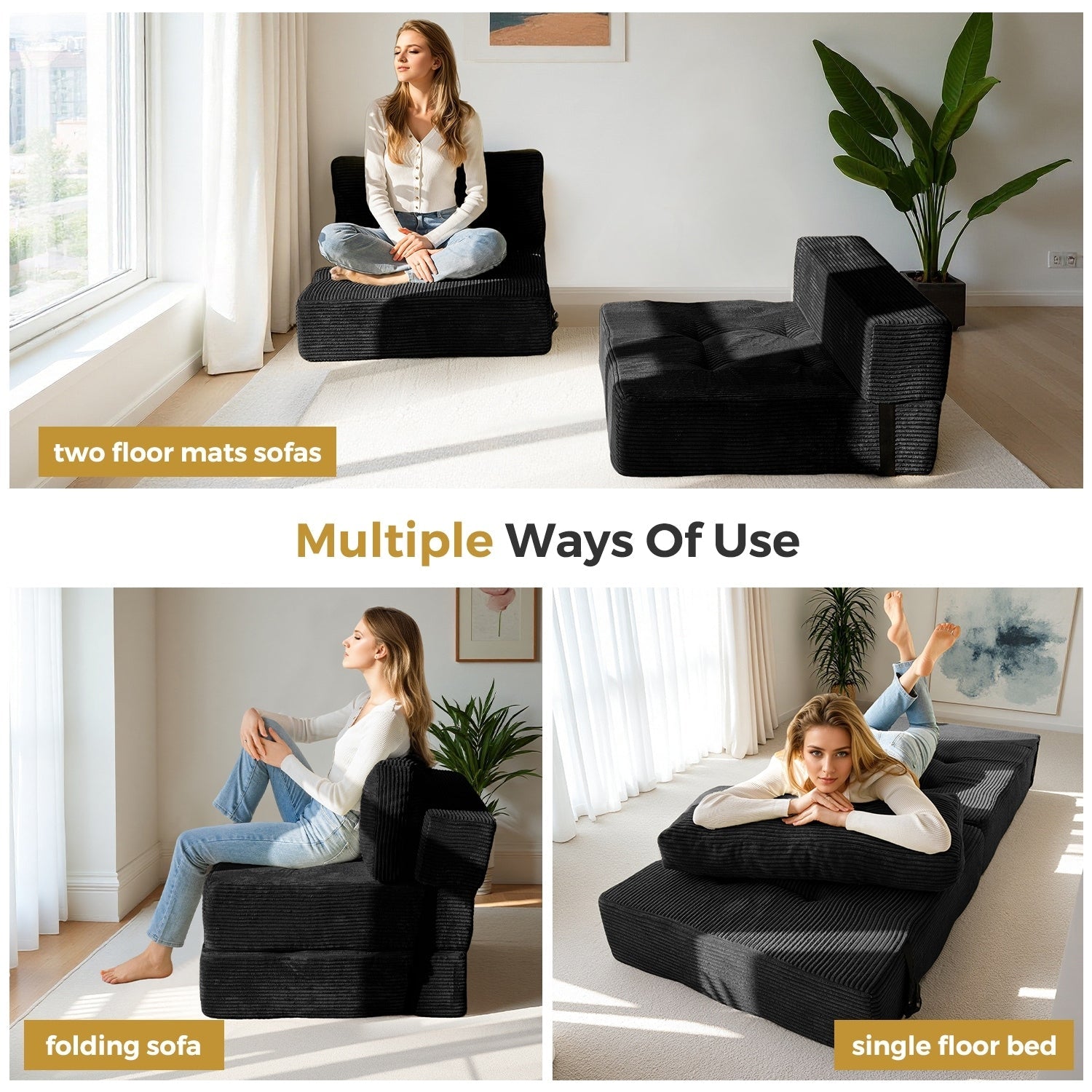 Canapé-lit pliant en mousse velours côtelé, matelas de sol de 15 cm