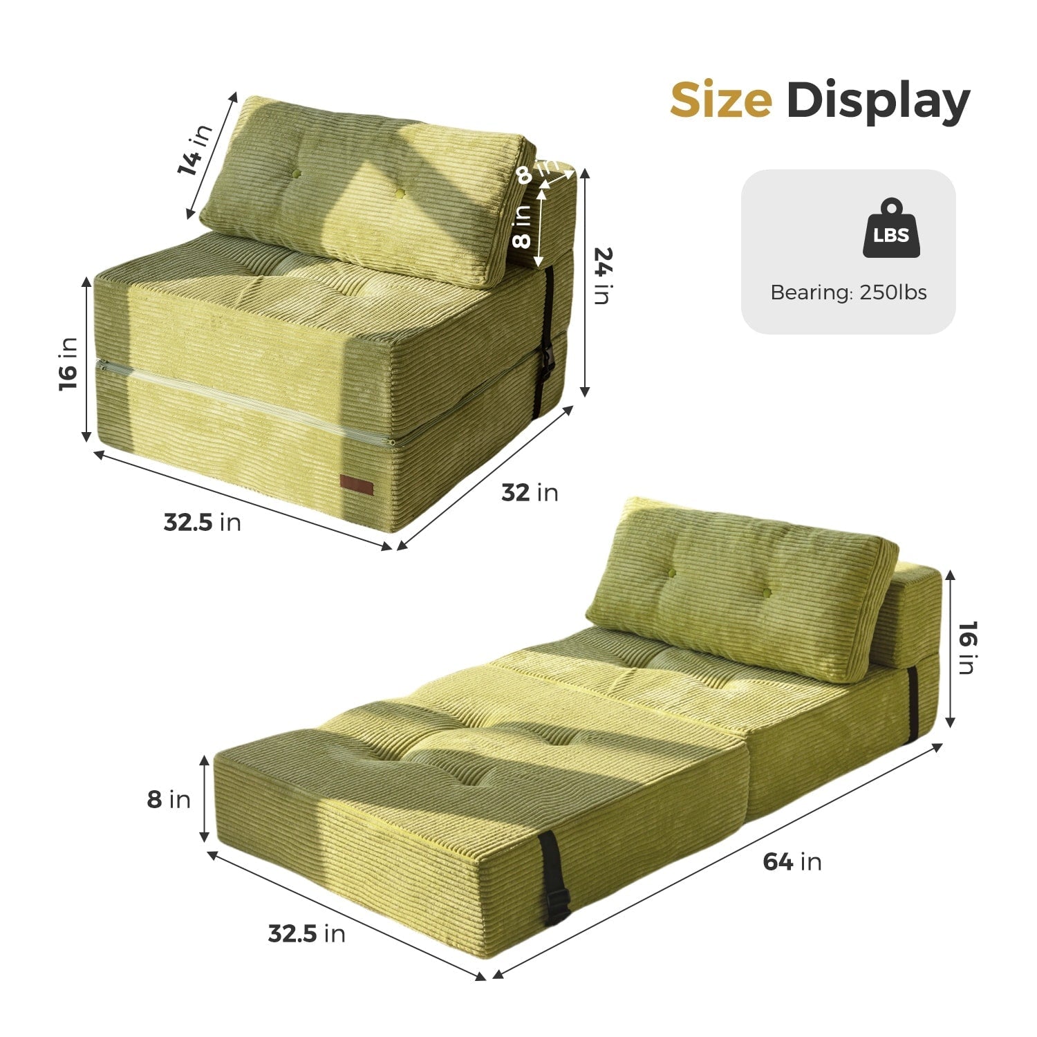 Canapé-lit pliant en mousse velours côtelé, matelas de sol de 15 cm