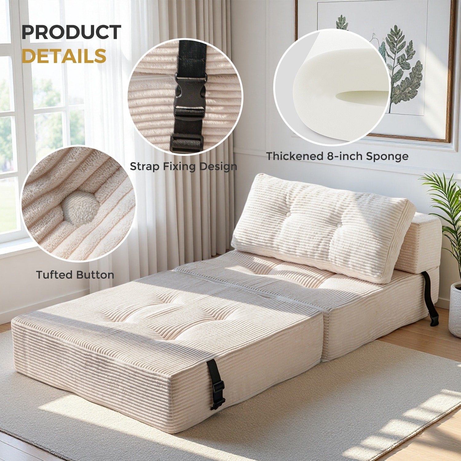 Canapé-lit pliant en mousse velours côtelé, matelas de sol de 15 cm