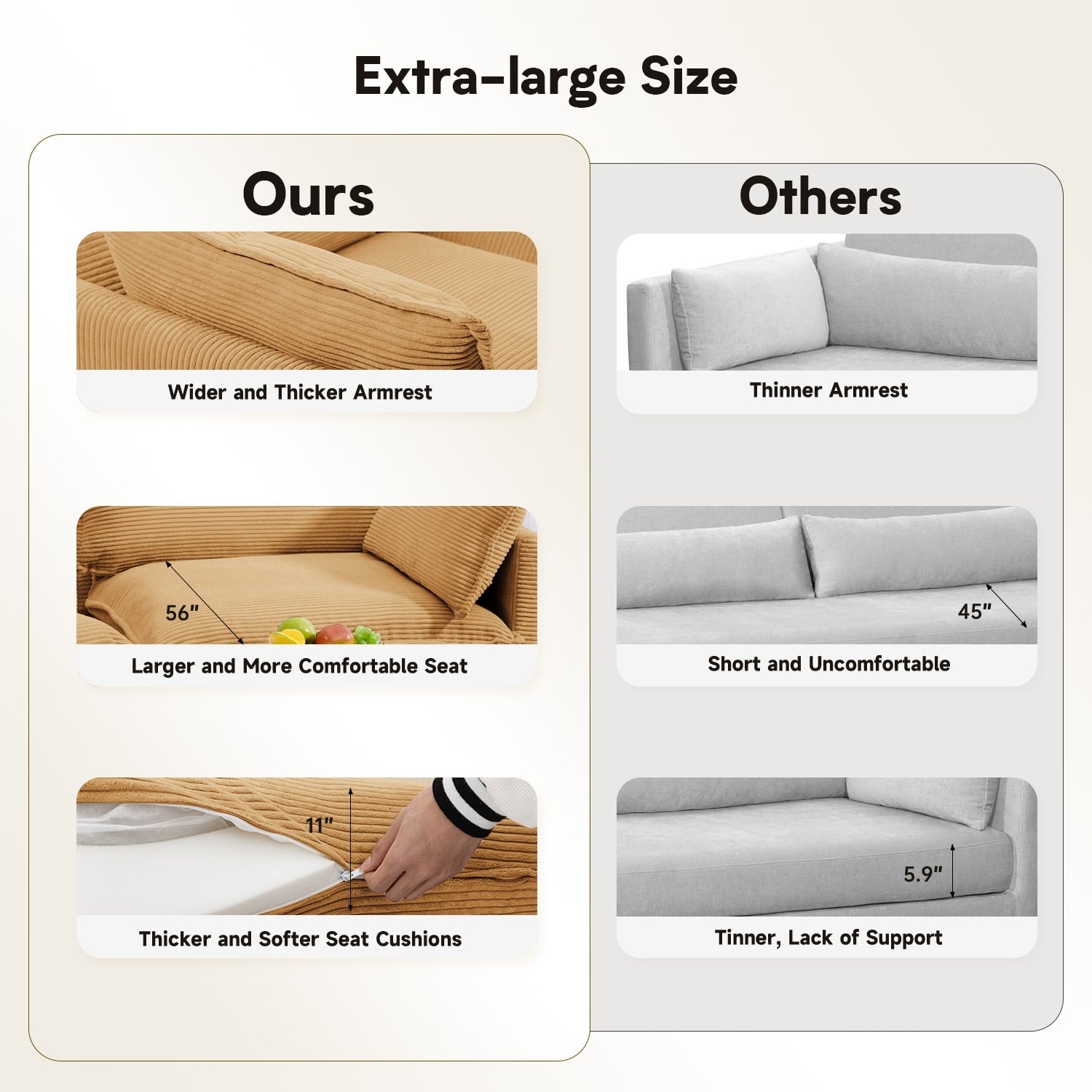 Canapé sectionnel en velours côtelé avec poufs amovibles et coussins ultra-doux pour salon et chambre